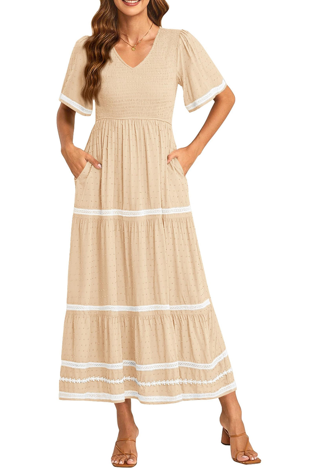 PRETTYGARDEN Women's Casual Summer Maxi Dress Short Sleeve Swiss Dot V Neck Smocked Long Flowy Beach Dresses