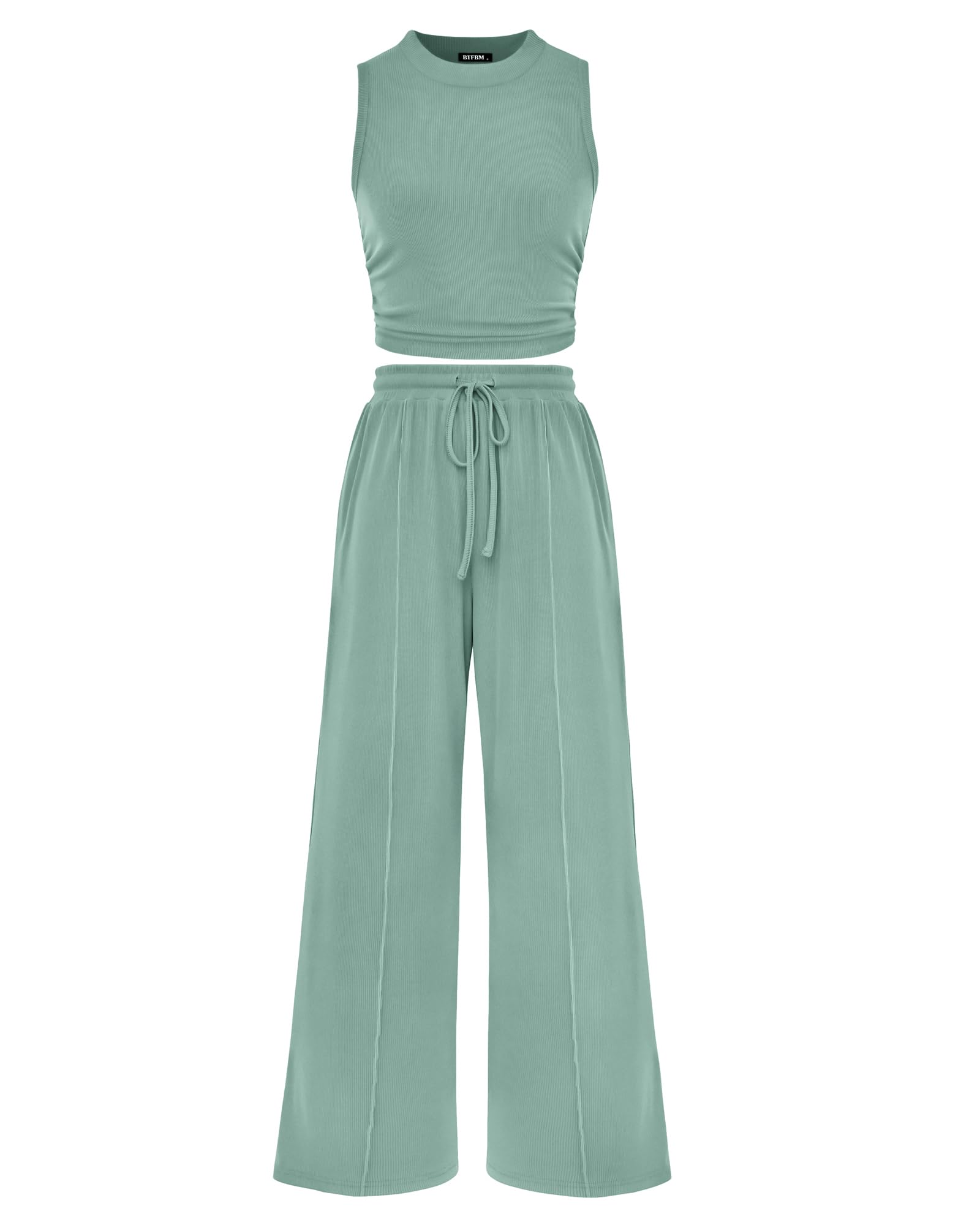 BTFBM Summer Outfits For Women Cropped Sleeveless Tank Tops Wide Leg Pants 2 Piece Sets Beach Lounge Set Clothing
