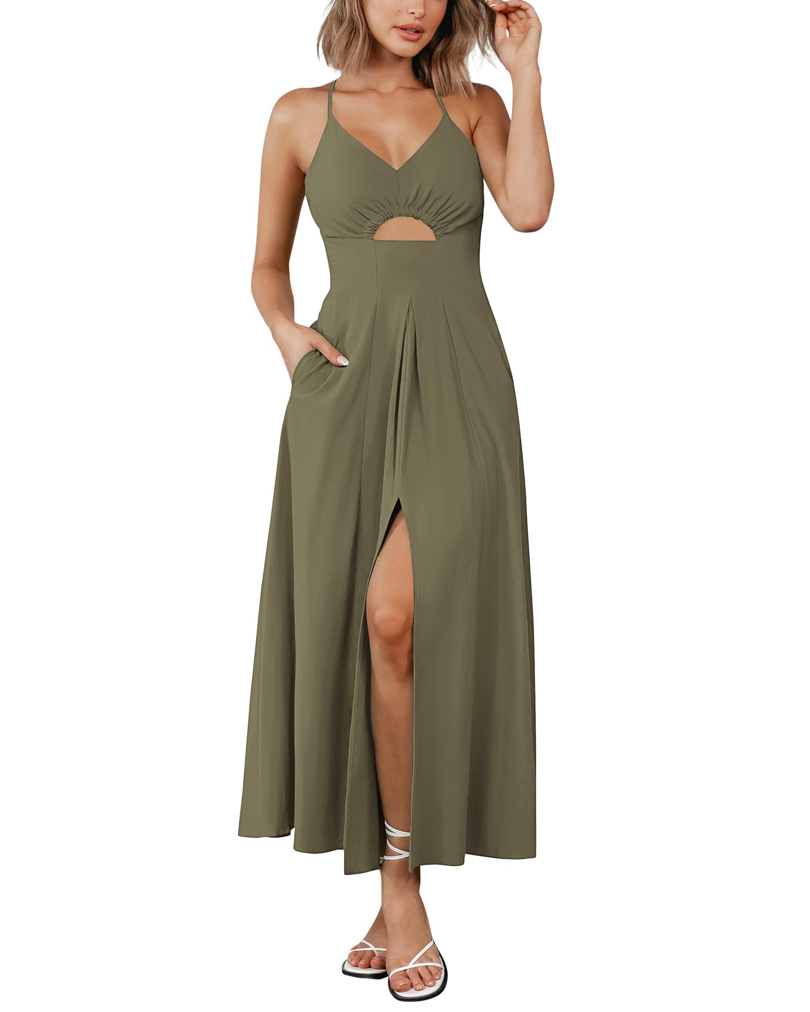 BTFBM Women Spaghetti Strap Midi Summer Dresses Sleeveless V Neck Cutout Slit Casual Beach Party Maxi Dress Pockets
