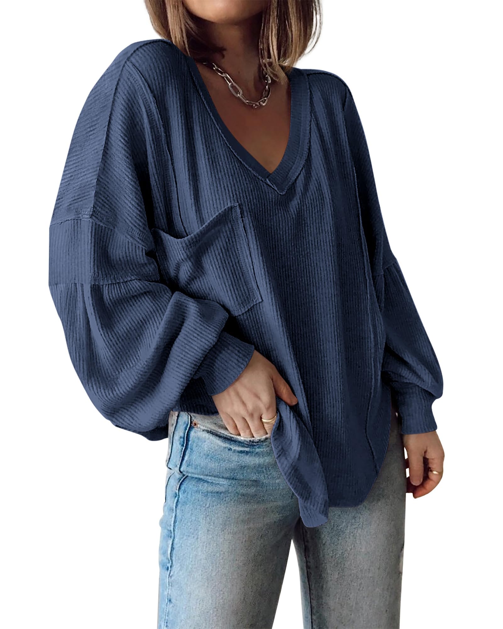 FreshPretty Womens Fall Fashion Long Sleeve Shirts Casual V Neck Ribbed Knit Blouses Pullover Trendy Loose Fit Tunic Tops