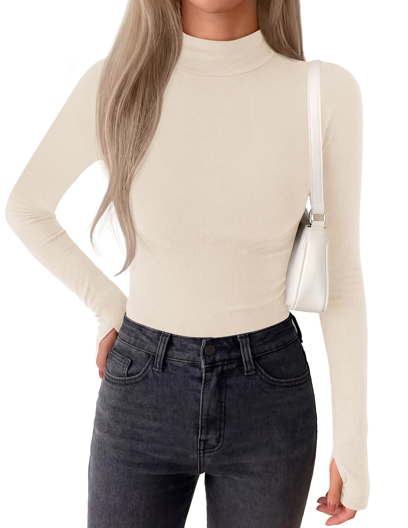 BTFBM Turtleneck Tops for Women Thumbhole Long Sleeve Shirts | Lightweight Fleece Lining, Casual Basic Layering Top, Slim Fit Stretch Winter Thermal Underwear, Fall Fashion Clothing