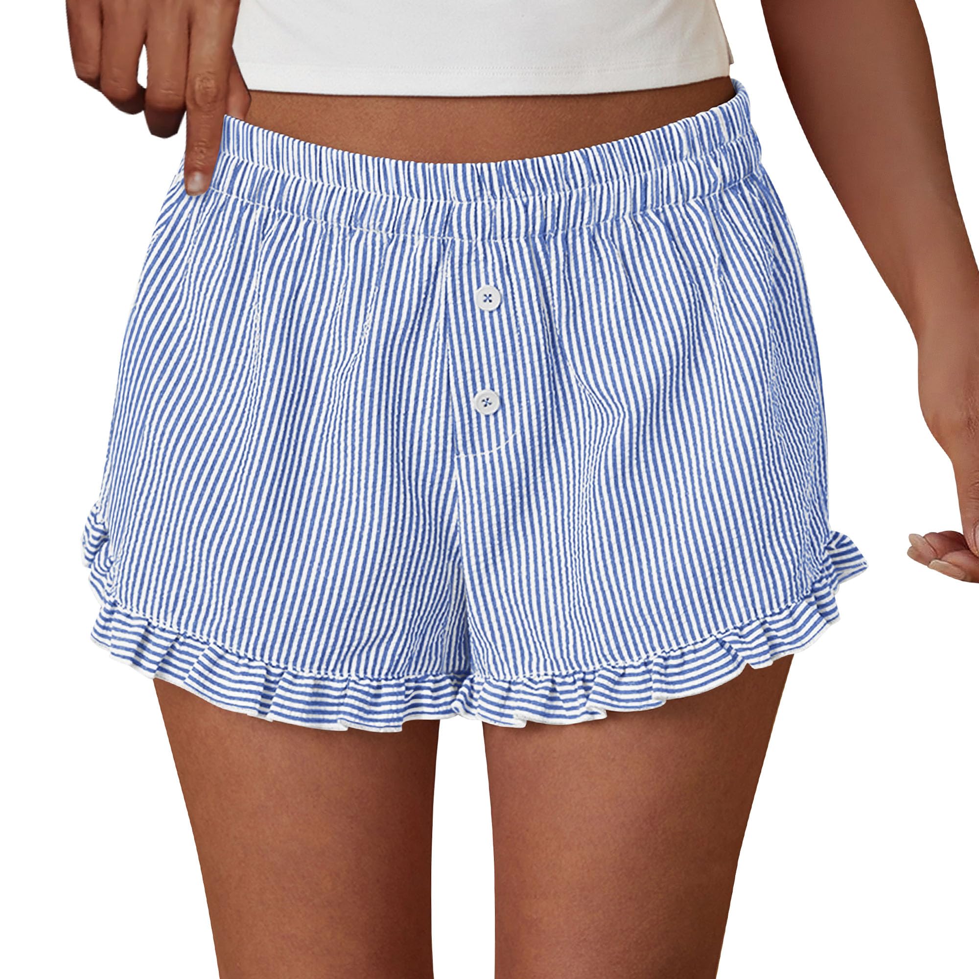 PRETTYGARDEN Womens Boxer Shorts Y2K Ruffle Pajama Summer Spring Lounge Sleep Striped Casual Beach Pj Bottoms Pockets