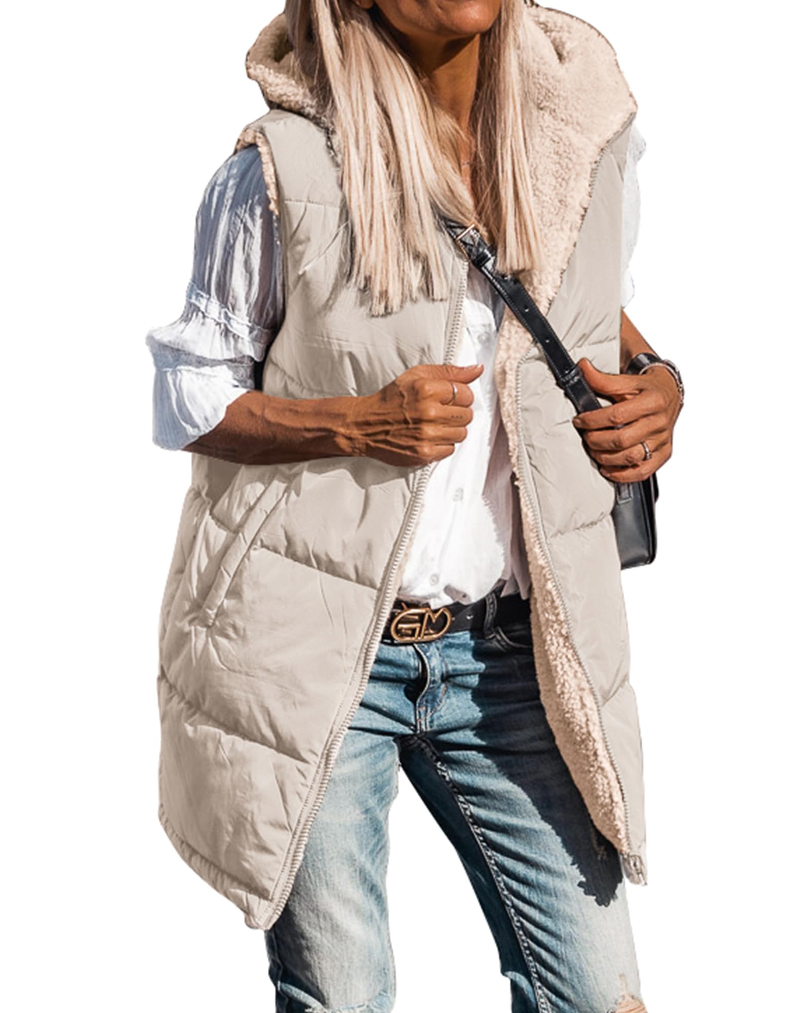 BTFBM Long Puffer Vest Women Fleece Sherpa Jacket Sleeveless Hooded Reversible Zip Up Winter Coat Fall Vests Outerwear