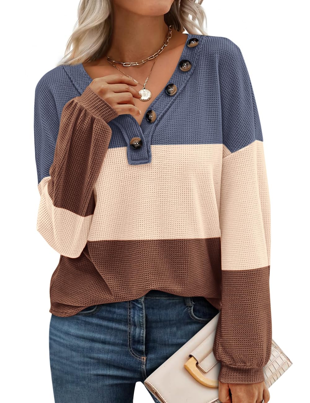 FreshPretty Womens Fall Fashion Long Sleeve Shirts Spring V Neck Loose Casual Deco Button Lightweight Waffle Knit Tops