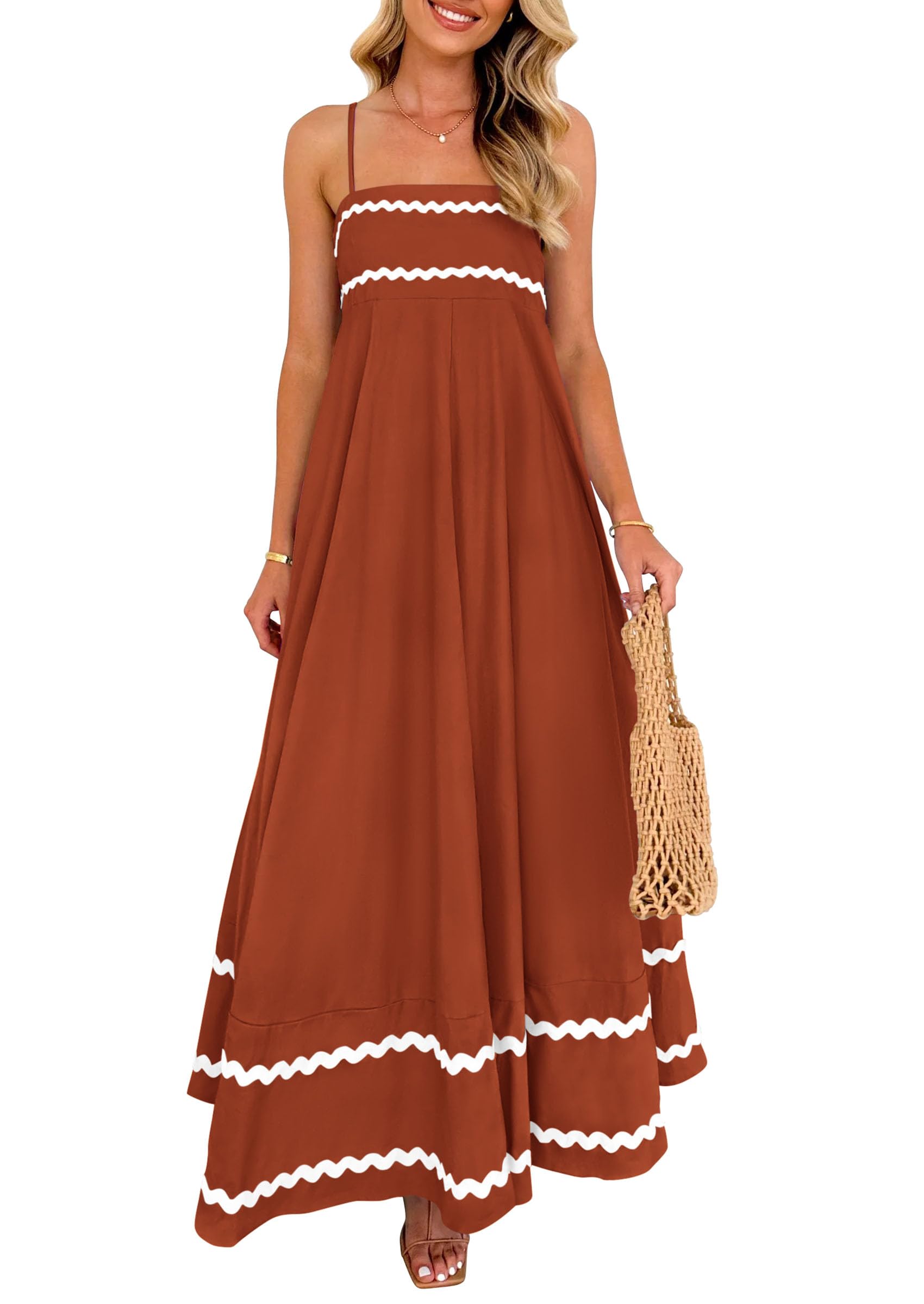 PRETTYGARDEN Women's Summer Flowy Maxi Dress Casual Sleeveless Spaghetti Strap Ruffle Beach Long Dresses