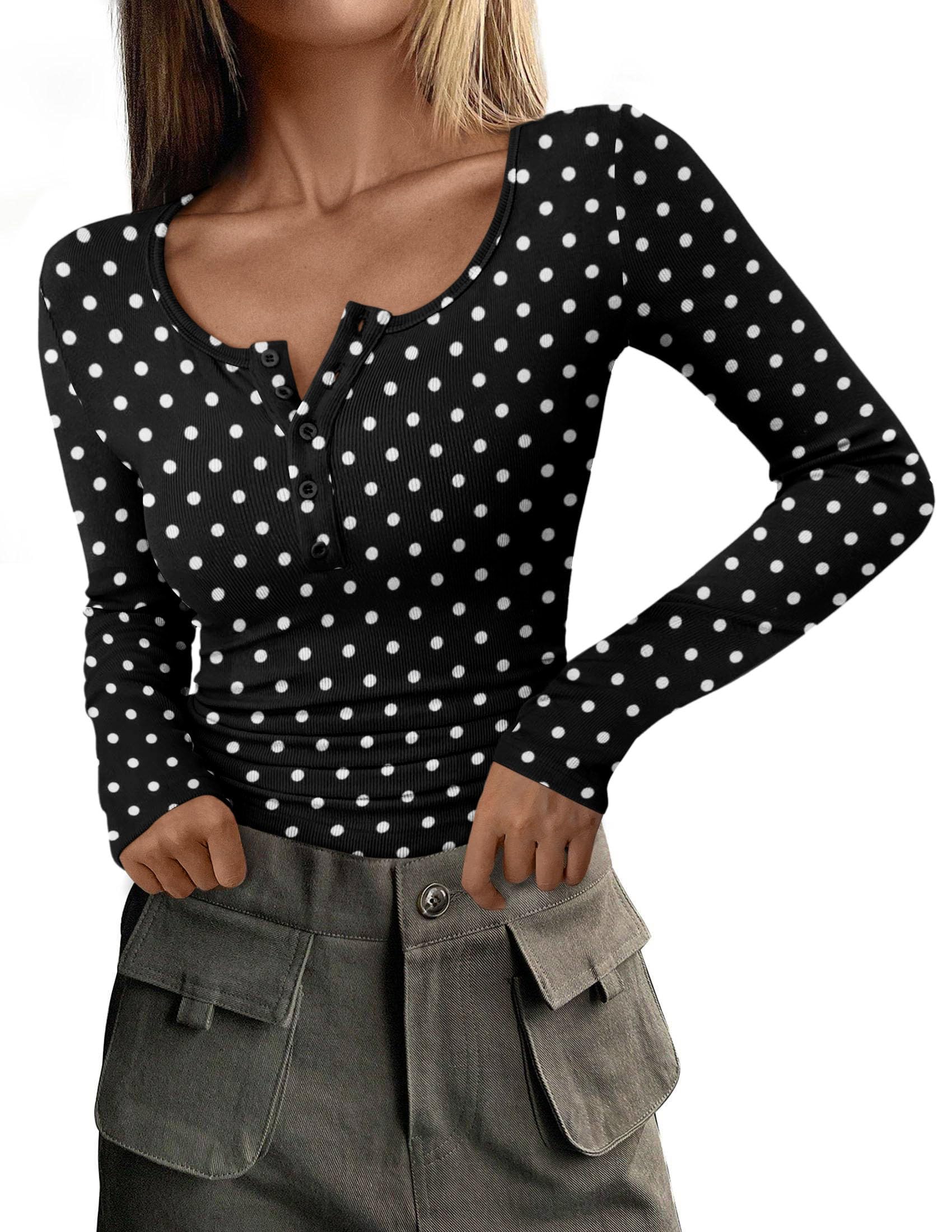 PRETTYGARDEN Women's Fall Long Sleeve Henley T Shirts Button Ribbed Knit Slim Fit Basic Tops Blouse Casual Outfits