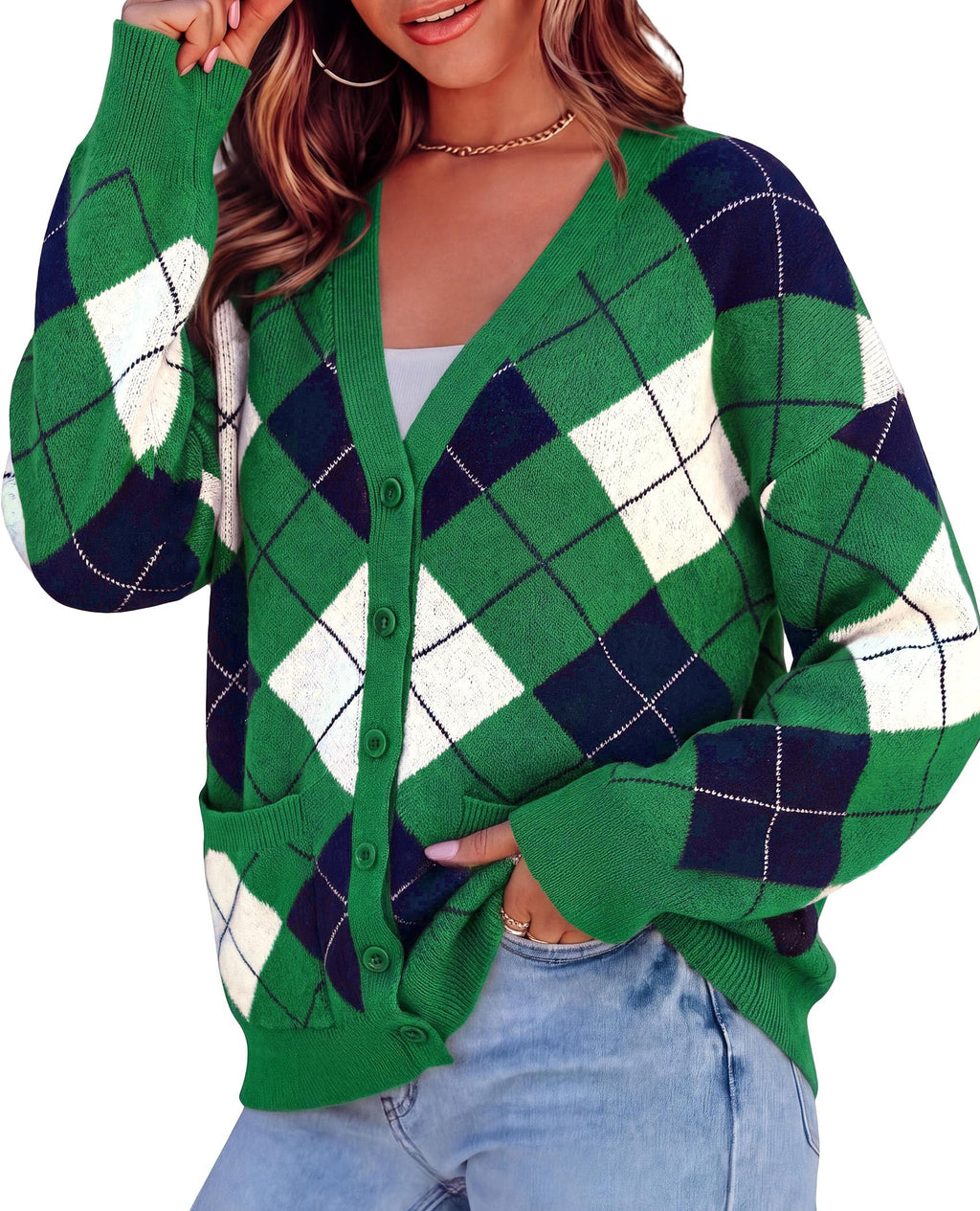 PRETTYGARDEN Women's Cardigan Argyle Winter Sweaters Cozy Warm Chunky Knit, Long Sleeve V Neck, Color Block Plaid, Button Up Pocket,Trendy Fall Jackets, Holiday Going Out Outfits