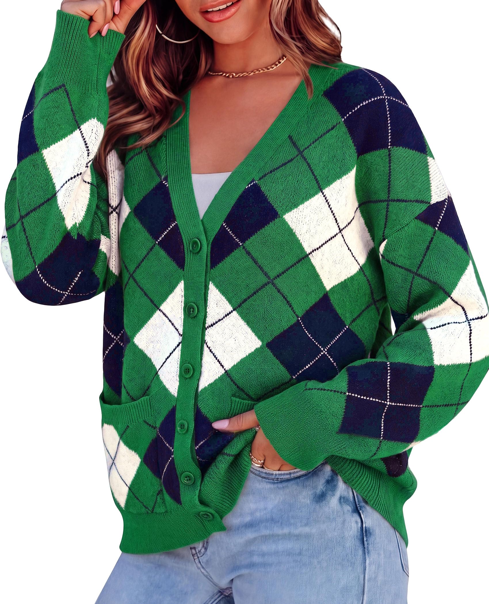 PRETTYGARDEN Women's Cardigan Argyle Winter Sweaters Cozy Warm Chunky Knit, Long Sleeve V Neck, Color Block Plaid, Button Up Pocket,Trendy Fall Jackets, Holiday Going Out Outfits