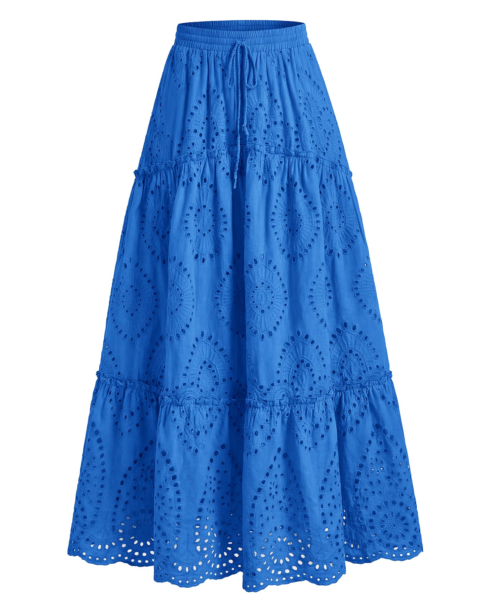 BTFBM Long Skirts for Women Summer Boho Lace Embroidery High Waist Flowy Tiered Spring Maxi Skirt Beach Vacation
