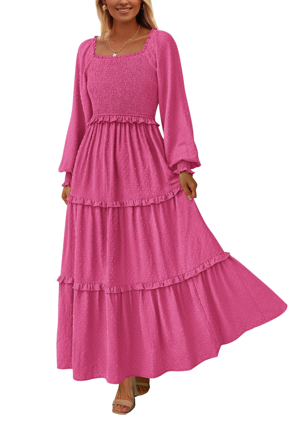 PRETTYGARDEN Fall Dresses for Women Long Sleeve Smocked Square Neck Swiss Dot Tiered Flowy Wedding Guest Maxi Dress