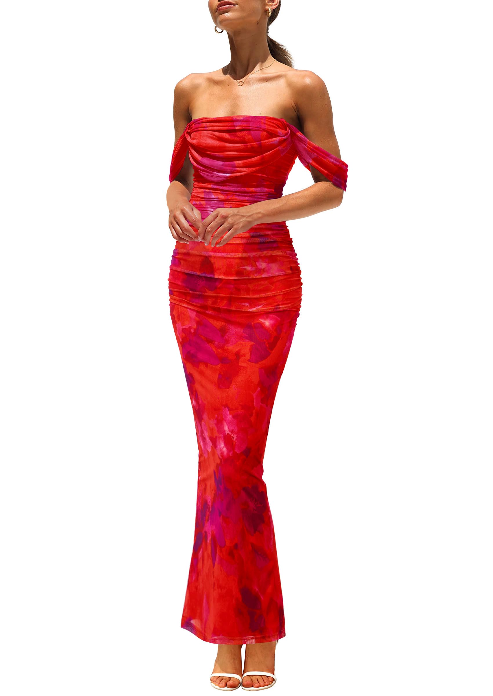PRETTYGARDEN Cocktail Dresses for Women Summer Floral Off Shoulder Ruched Mesh Elegant Wedding Guest Maxi Dress