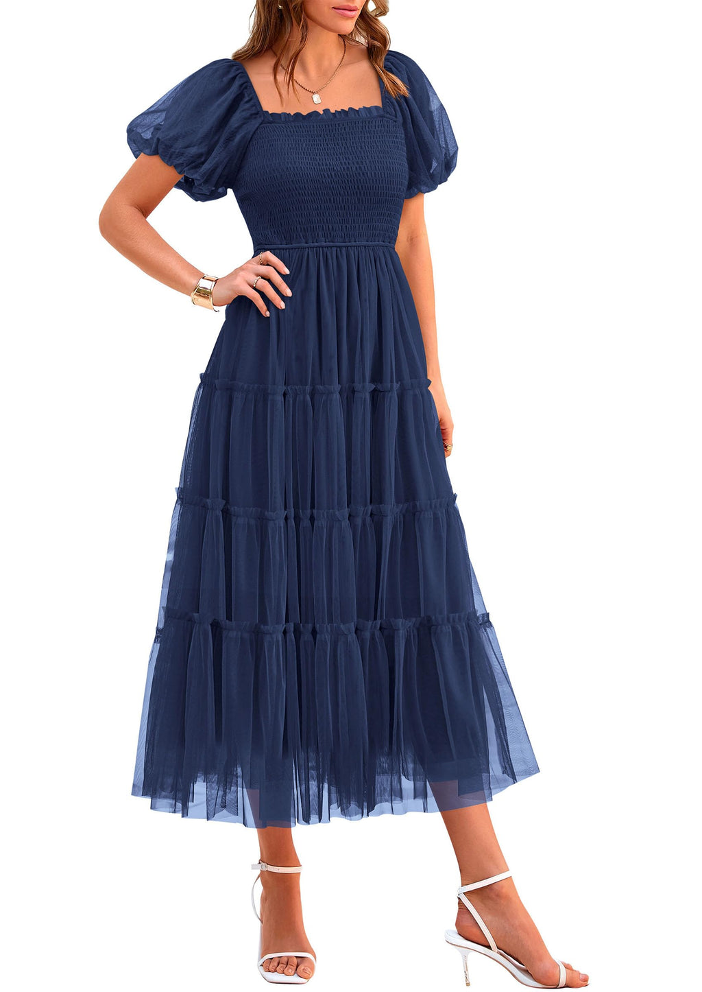 PRETTYGARDEN Women's Smocked Midi Tulle Dress  Summer Puffy Short Sleeve Square Neck Ruffle Wedding Guest Party Dresses