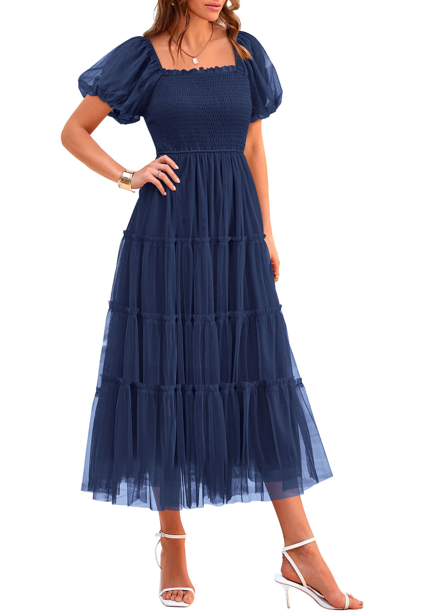 PRETTYGARDEN Women's Smocked Midi Tulle Dress  Summer Puffy Short Sleeve Square Neck Ruffle Wedding Guest Party Dresses