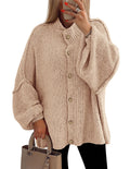 PRETTYGARDEN Women's Winter Button Down Cardigan Sweaters Mock Neck Lantern Long Sleeve Chunky Knit Jacket Trendy Outerwear