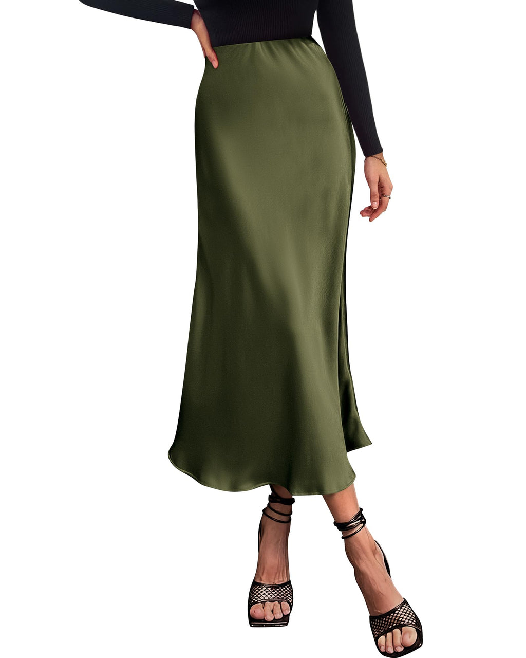 BTFBM Summer Womens Skirts Silk Elegant High Waist Flowy Long Satin A-Line Midi Skirt Cocktail Wedding Party