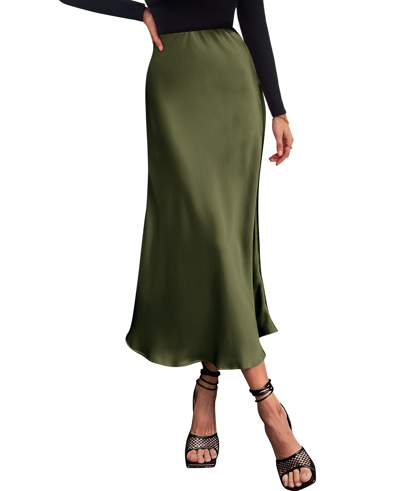 BTFBM Summer Womens Skirts Silk Elegant High Waist Flowy Long Satin A-Line Midi Skirt Cocktail Wedding Party