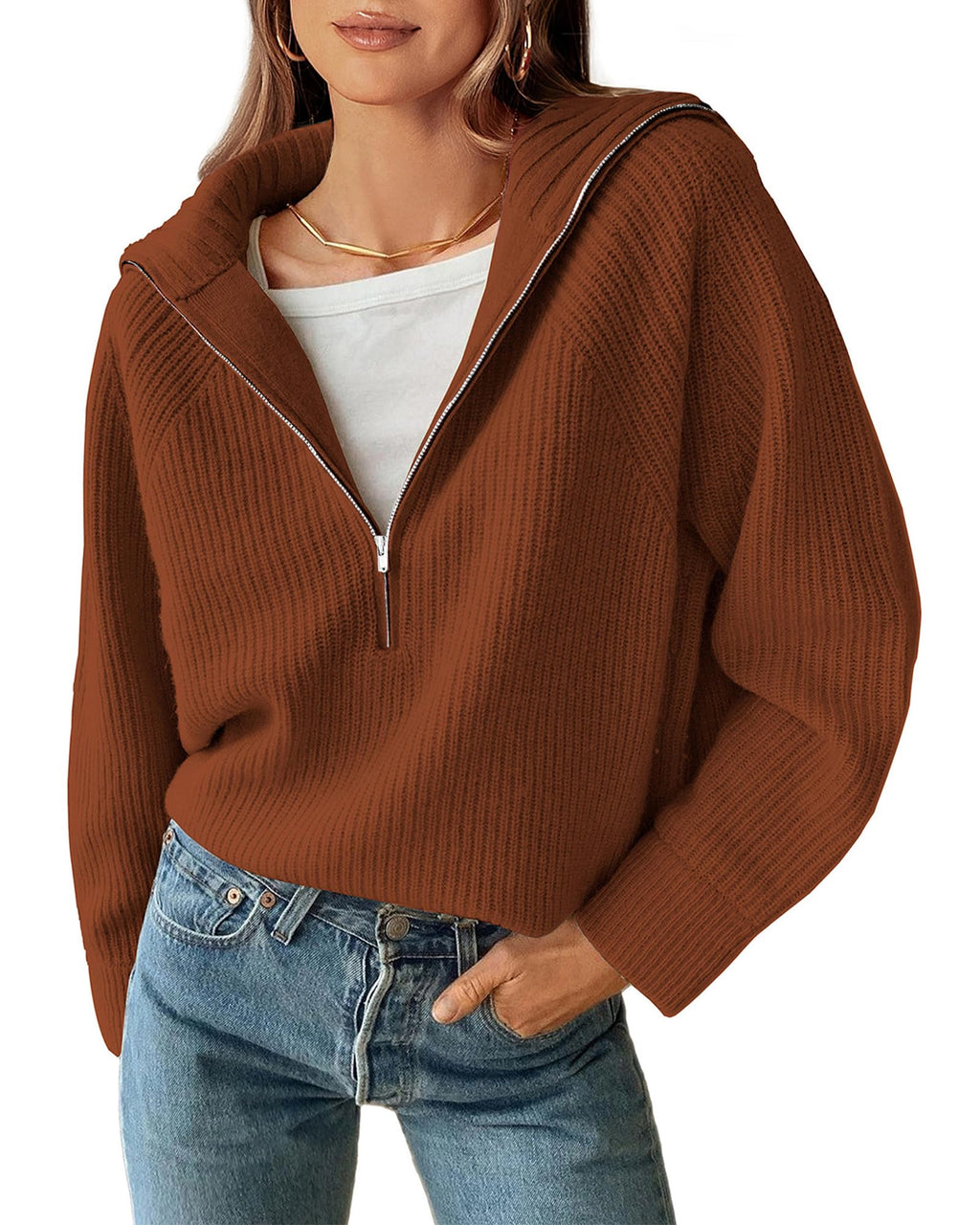 FreshPretty Womens Sweaters Quarter Zip Pullover V Neck Collar Long Sleeve Ribbed Knit Loose Casual Winter Fall Sweater