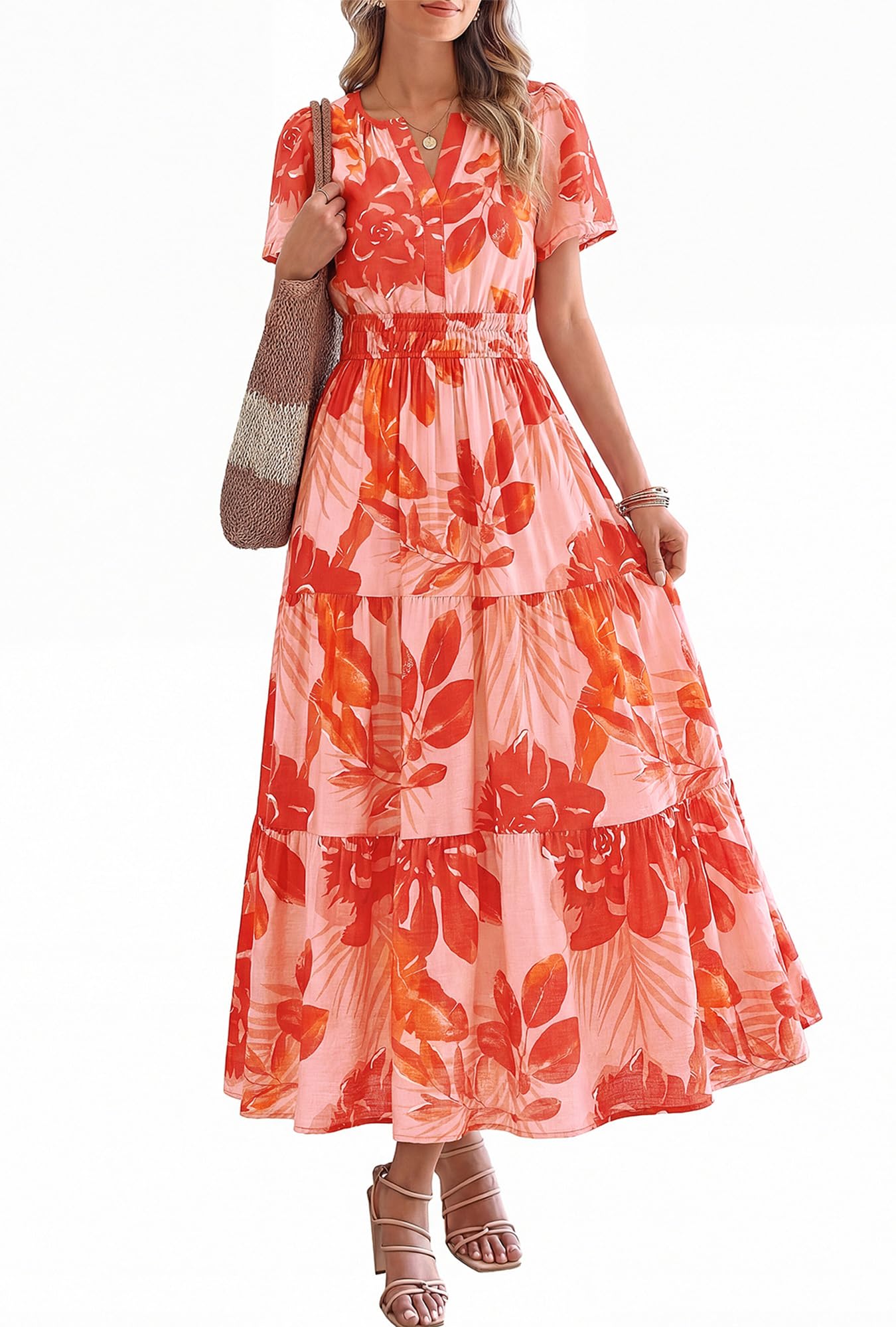 BTFBM Womens Summer Floral Maxi Dresses V Neck Short Sleeve Boho Casual Flowy Long Wedding Guest Dress Beach Vacation