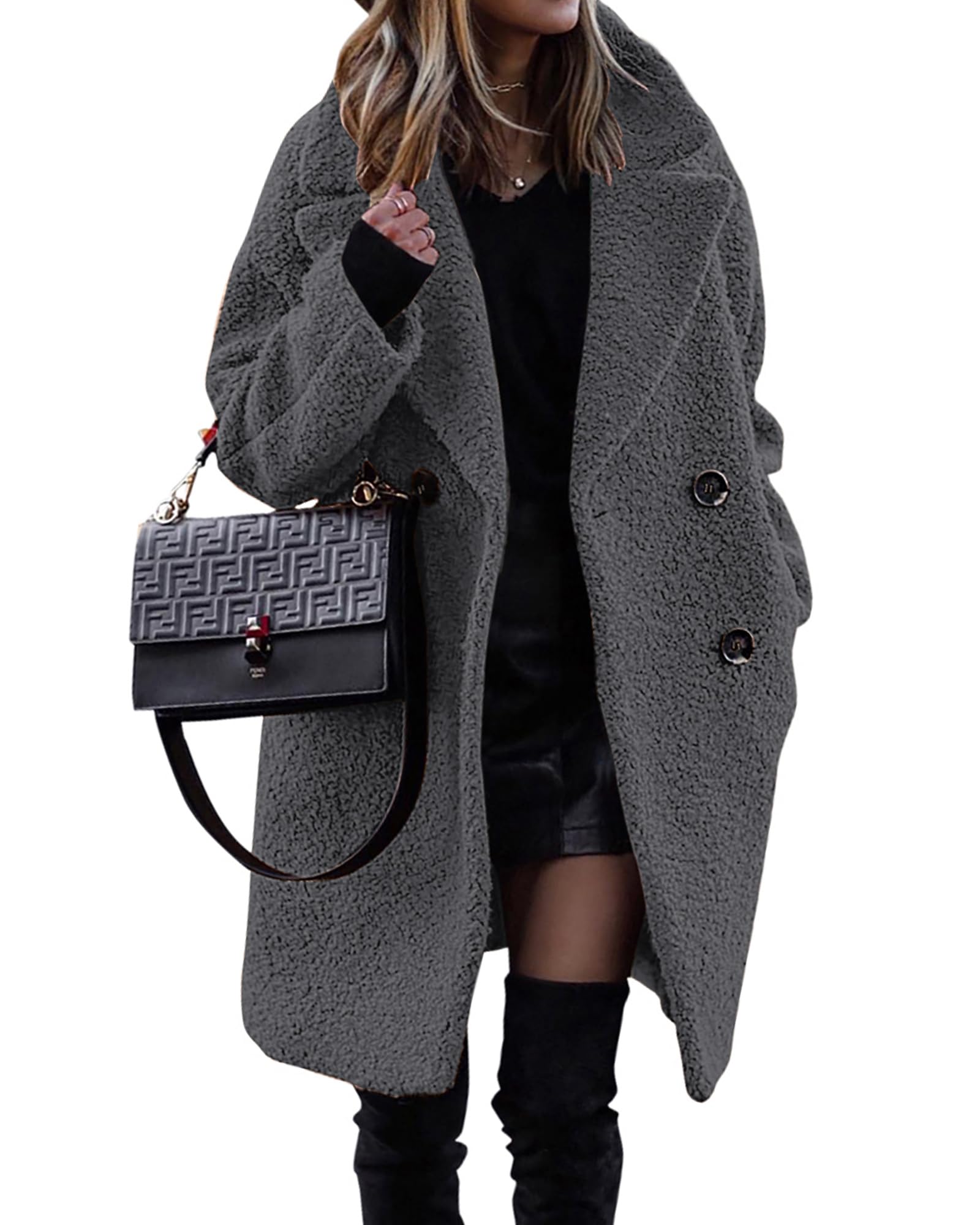 BTFBM Women Winter Faux Fur Coats Lapel Long Sleeve Fuzzy Fleece Outerwear Button Down Sherpa Jackets Fall Outfits