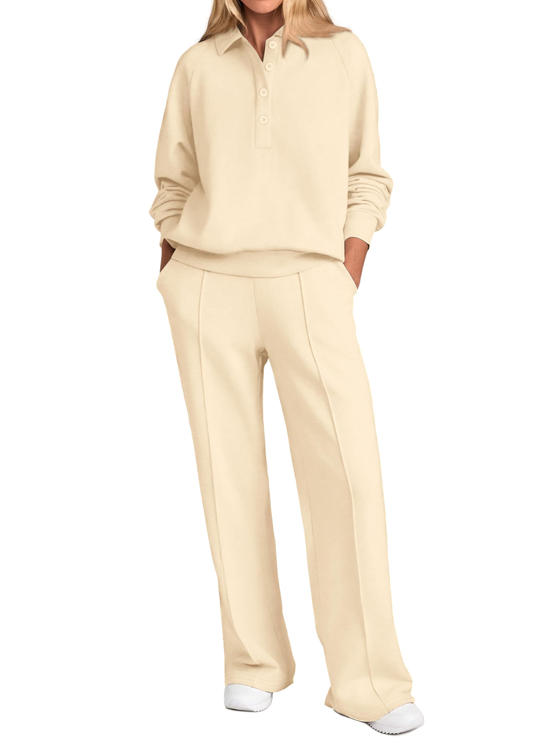 PRETTYGARDEN Women Fall 2 Piece Outfits Sweatsuits Lounge Sets Quarter Button Long Sleeve Sweatshirt, Wide Leg Sweat Pants, Casual 2 Piece Sets Tracksuit, Airport Travel Outfits for Women