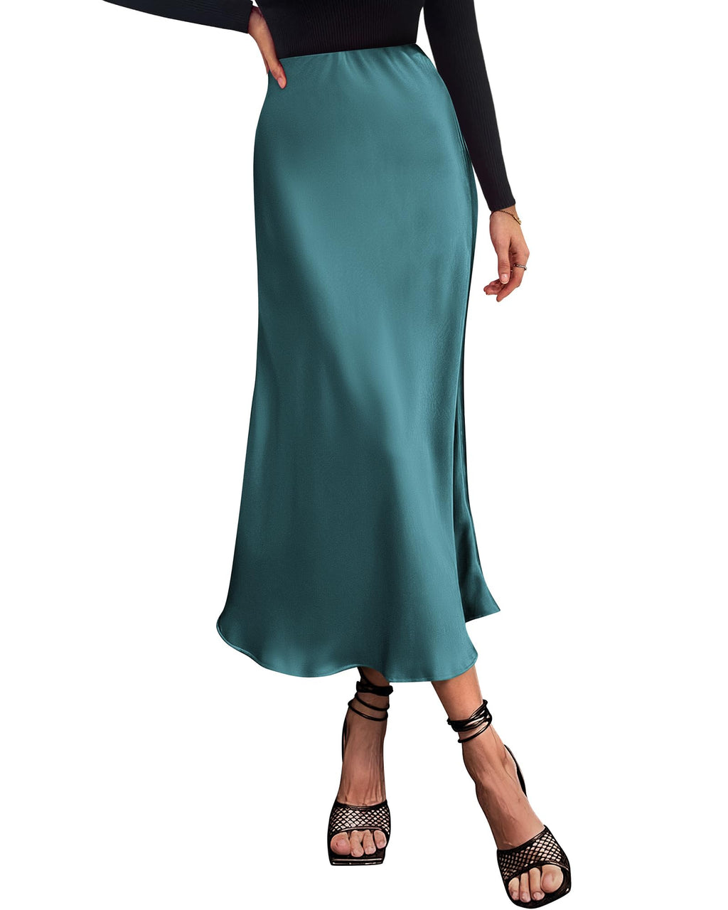 BTFBM Summer Womens Skirts Silk Elegant High Waist Flowy Long Satin A-Line Midi Skirt Cocktail Wedding Party