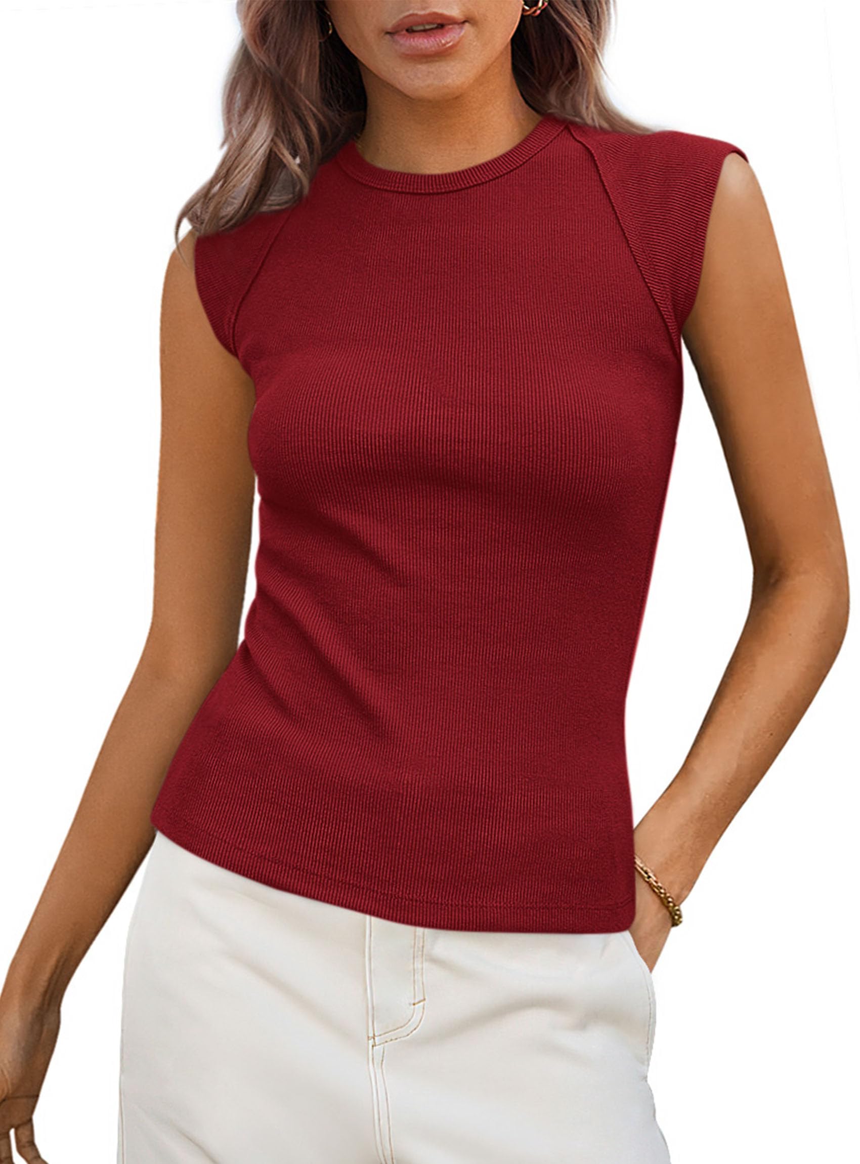 PRETTYGARDEN Women's Ribbed Tank Tops Summer Cap Sleeve Slim Fitted Knit Basic Casual Tee Shirts Trendy Fashion Clothes