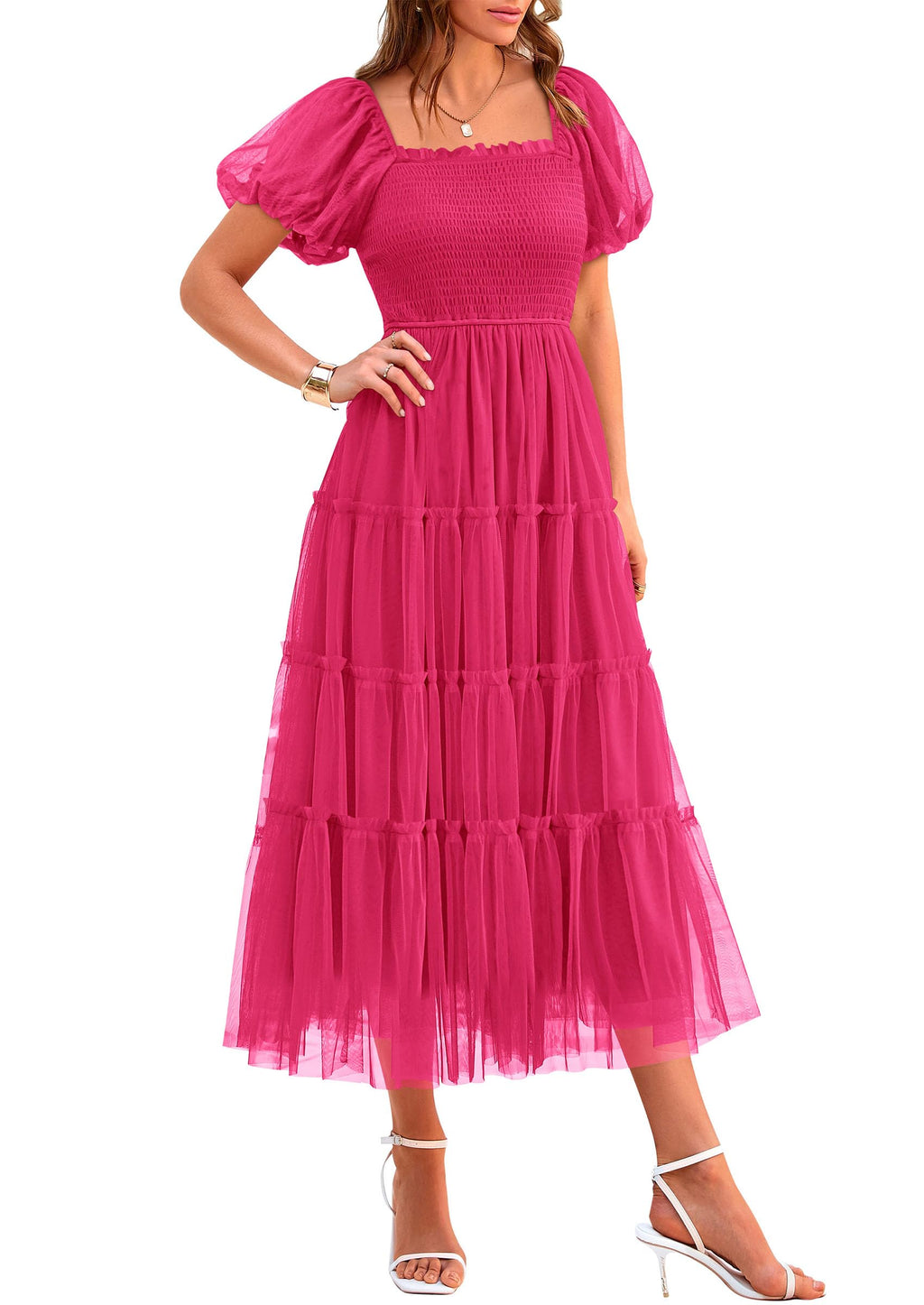 PRETTYGARDEN Women's Smocked Midi Tulle Dress  Summer Puffy Short Sleeve Square Neck Ruffle Wedding Guest Party Dresses