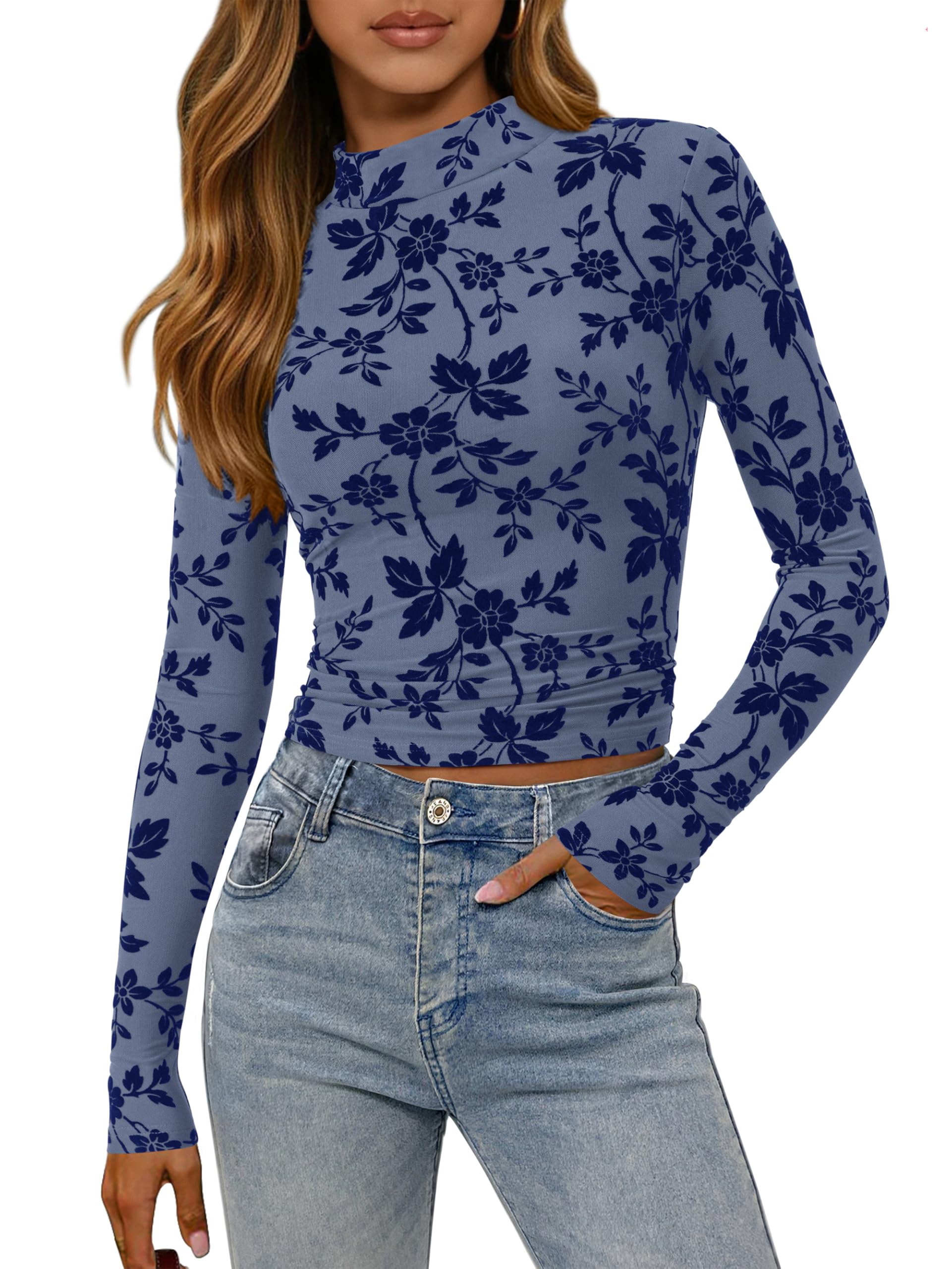 FreshPretty Mesh Long Sleeve Tops for Women Trendy Mock Neck Crop Going Out Fitted Floral Shirts Fall Fashion Clothing