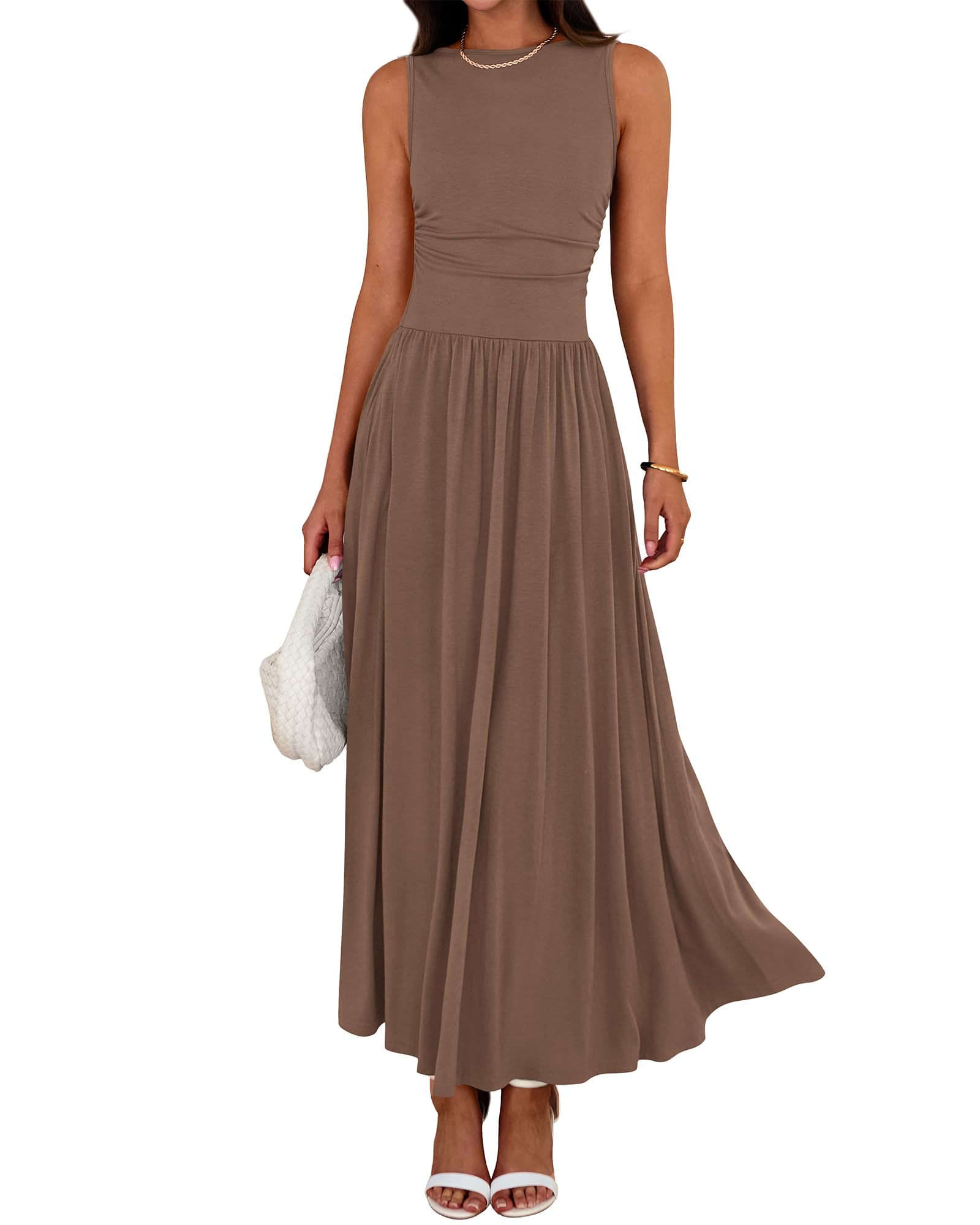 BTFBM Summer Maxi Dresses for Women Spring Sleeveless Casual Ruched High Waisted Long Sundress Flowy Beach Dress