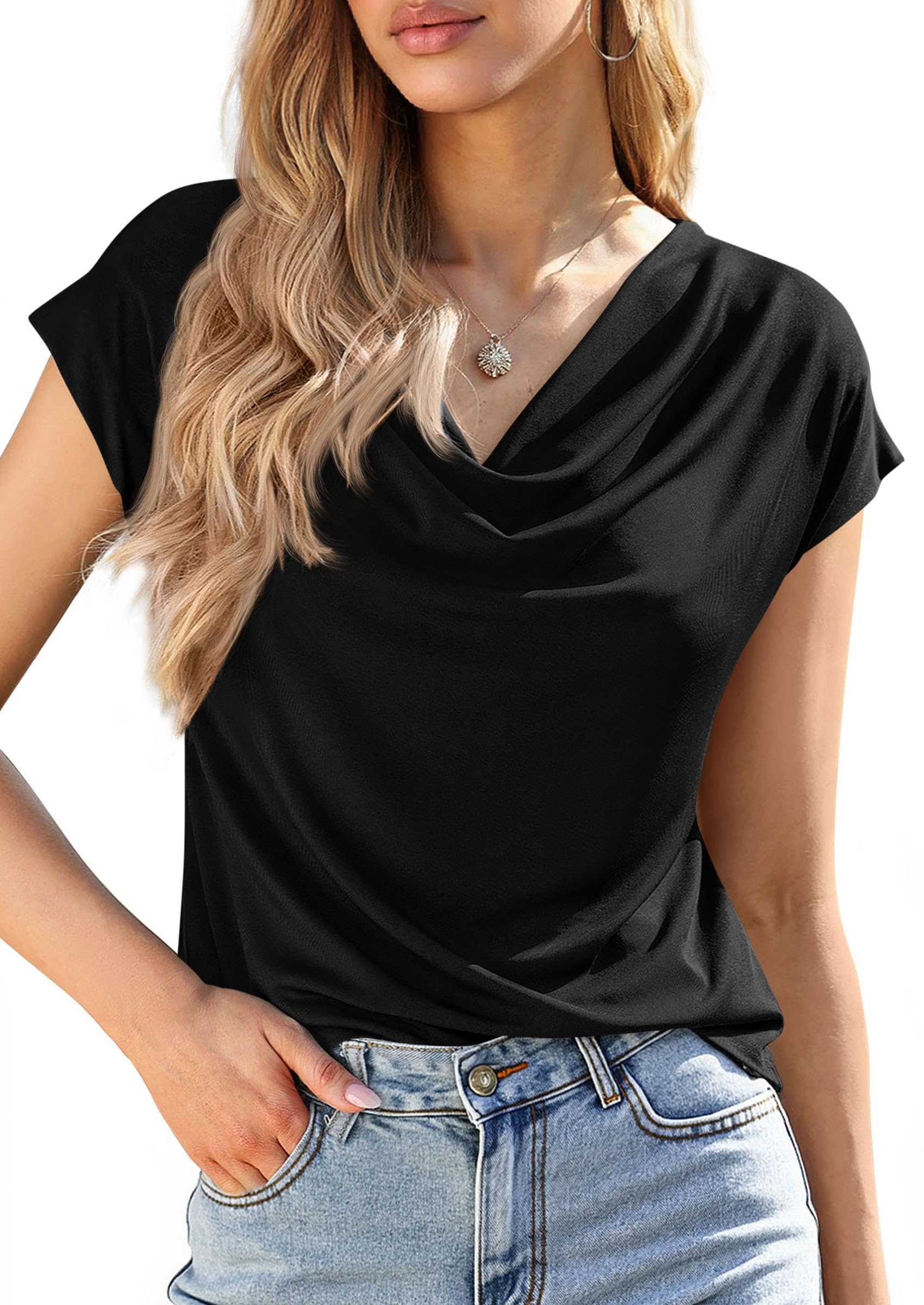 PRETTYGARDEN Womens Tops Dressy Casual Clothing Summer Cowl Neck Short Sleeve Blouses Spring Business Work Office Shirts