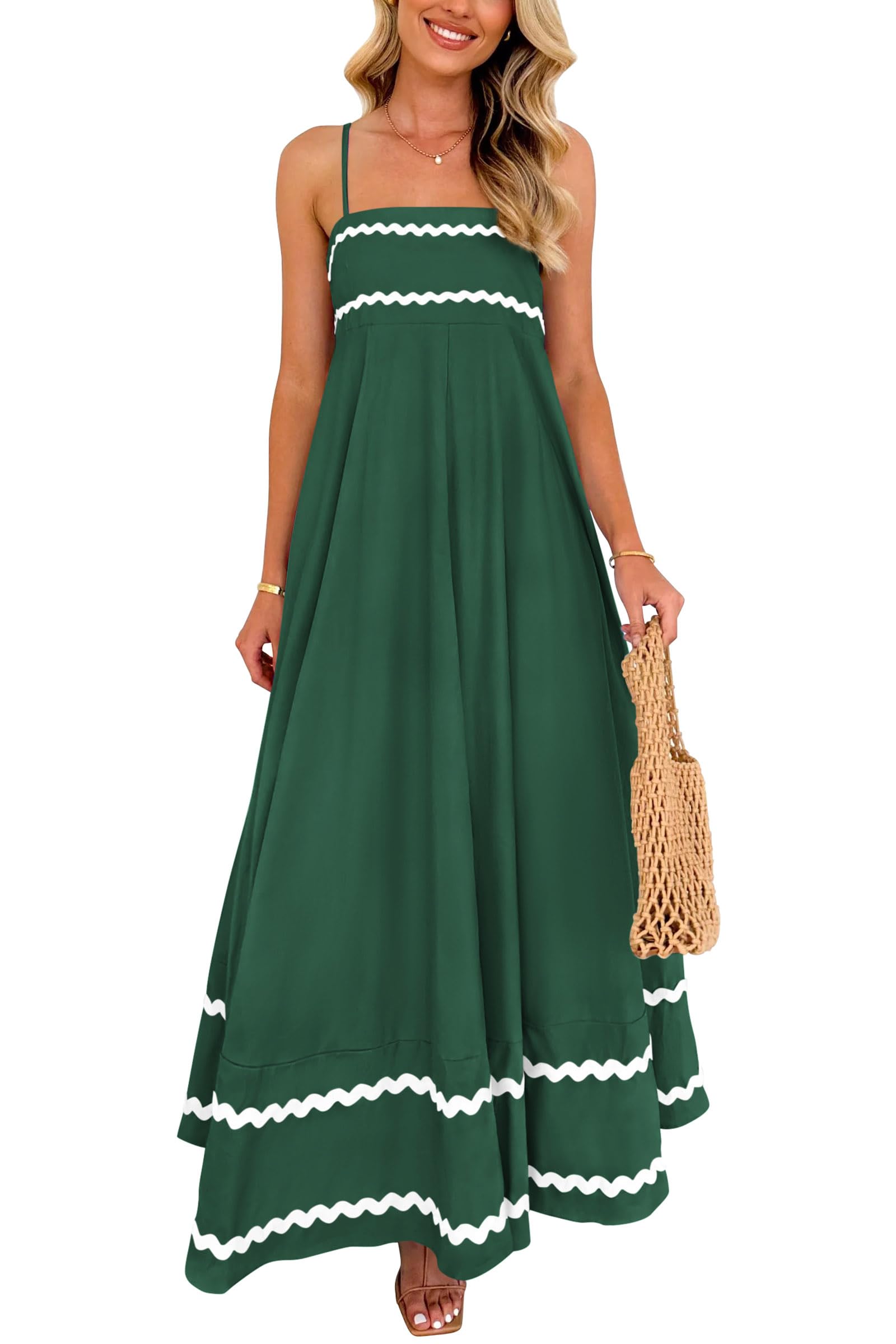 PRETTYGARDEN Women's Summer Flowy Maxi Dress Casual Sleeveless Spaghetti Strap Ruffle Beach Long Dresses