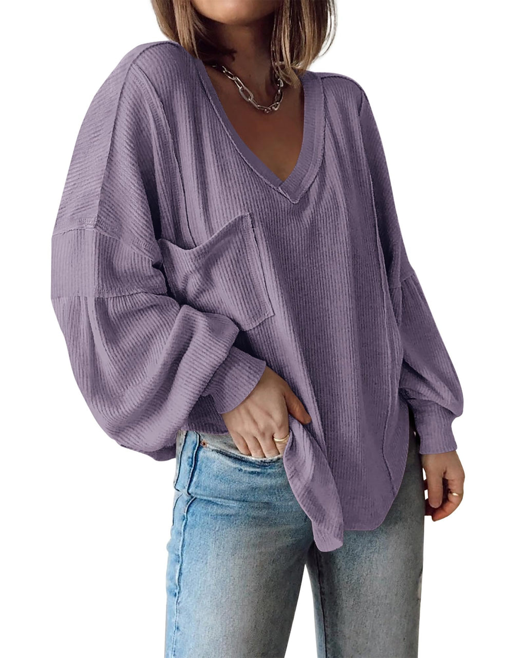 FreshPretty Womens Fall Fashion Long Sleeve Shirts Casual V Neck Ribbed Knit Blouses Pullover Trendy Loose Fit Tunic Tops