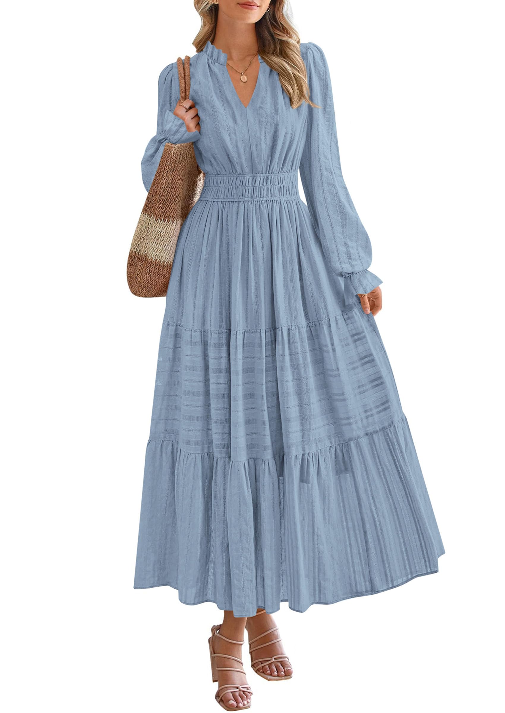 PRETTYGARDEN Women's Fall Wedding Guest Dresses Long Sleeve V Neck Flowy Elegant Holiday Party Maxi Dress with Pockets