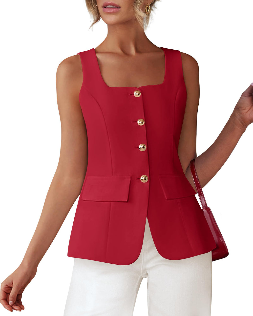 BTFBM Womens Sleeveless Suit Vests Dressy Casual Square Neck Business Work Waistcoat Spring Button Blazer Vest Tops