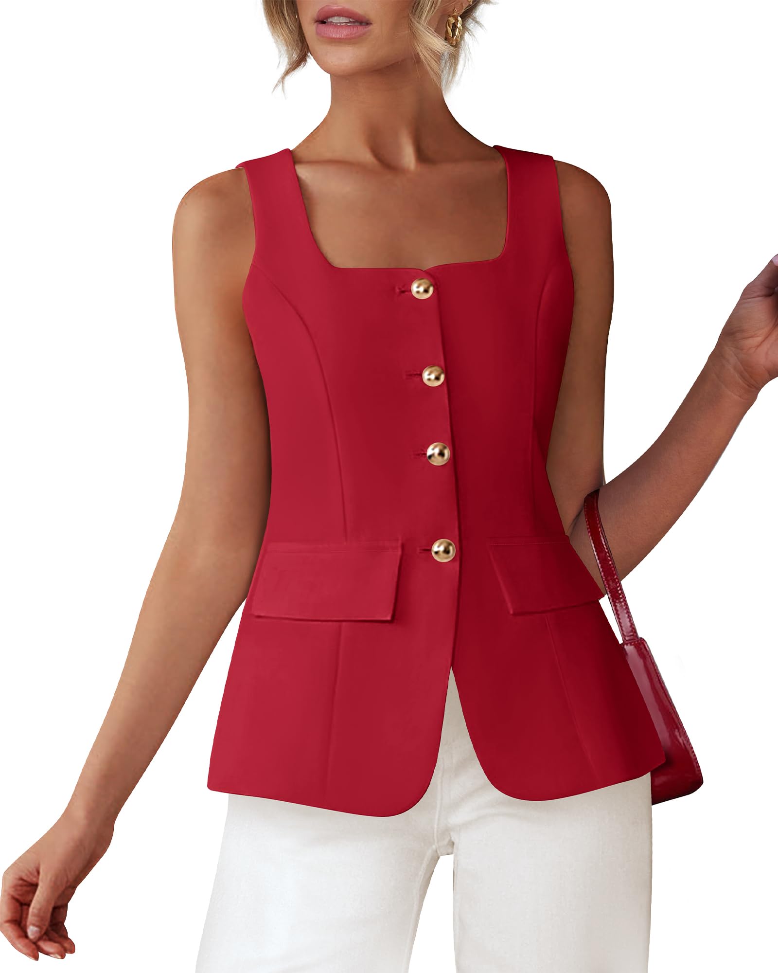 BTFBM Womens Sleeveless Suit Vests Dressy Casual Square Neck Business Work Waistcoat Spring Button Blazer Vest Tops