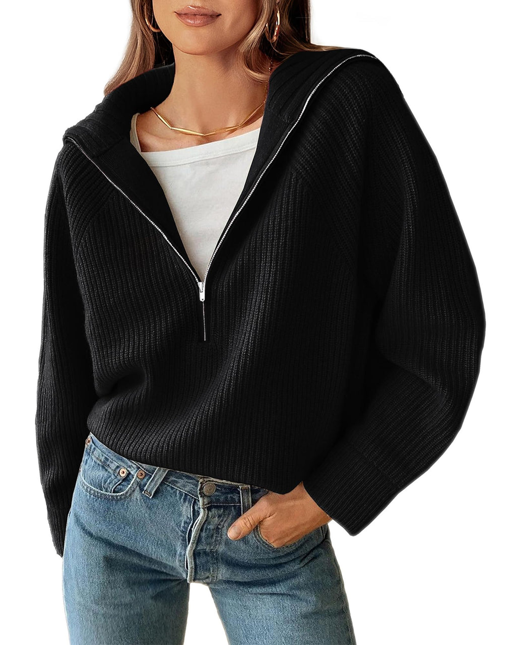 BTFBM Womens Sweaters Quarter Zip Pullover V Neck Collar Long Sleeve Ribbed Knit Loose Casual Winter Fall Sweater