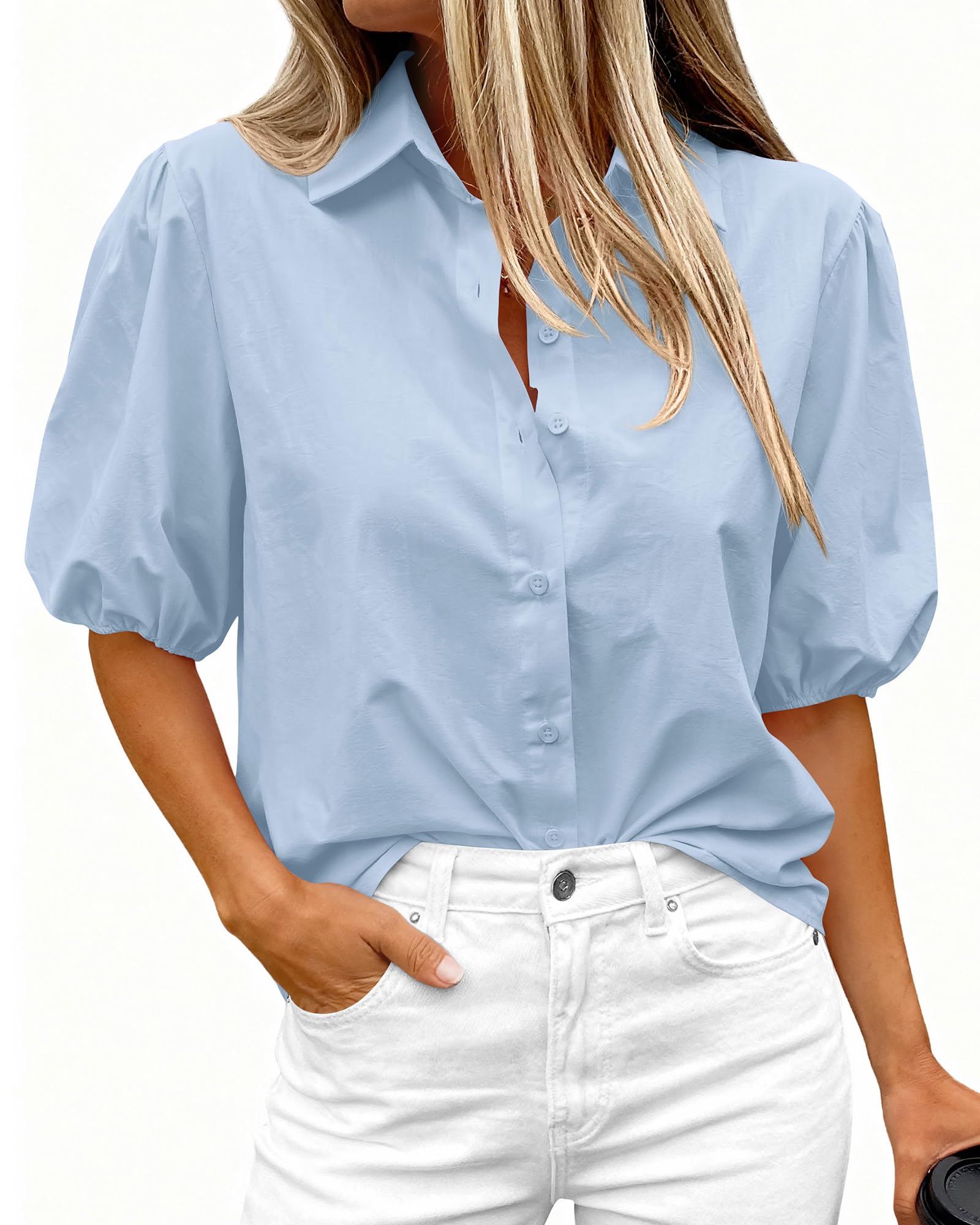 BTFBM Women's Button Down Shirts Short Puff Sleeve Collared V Nec Summer Tops Dressy Casual Work Business Blouses