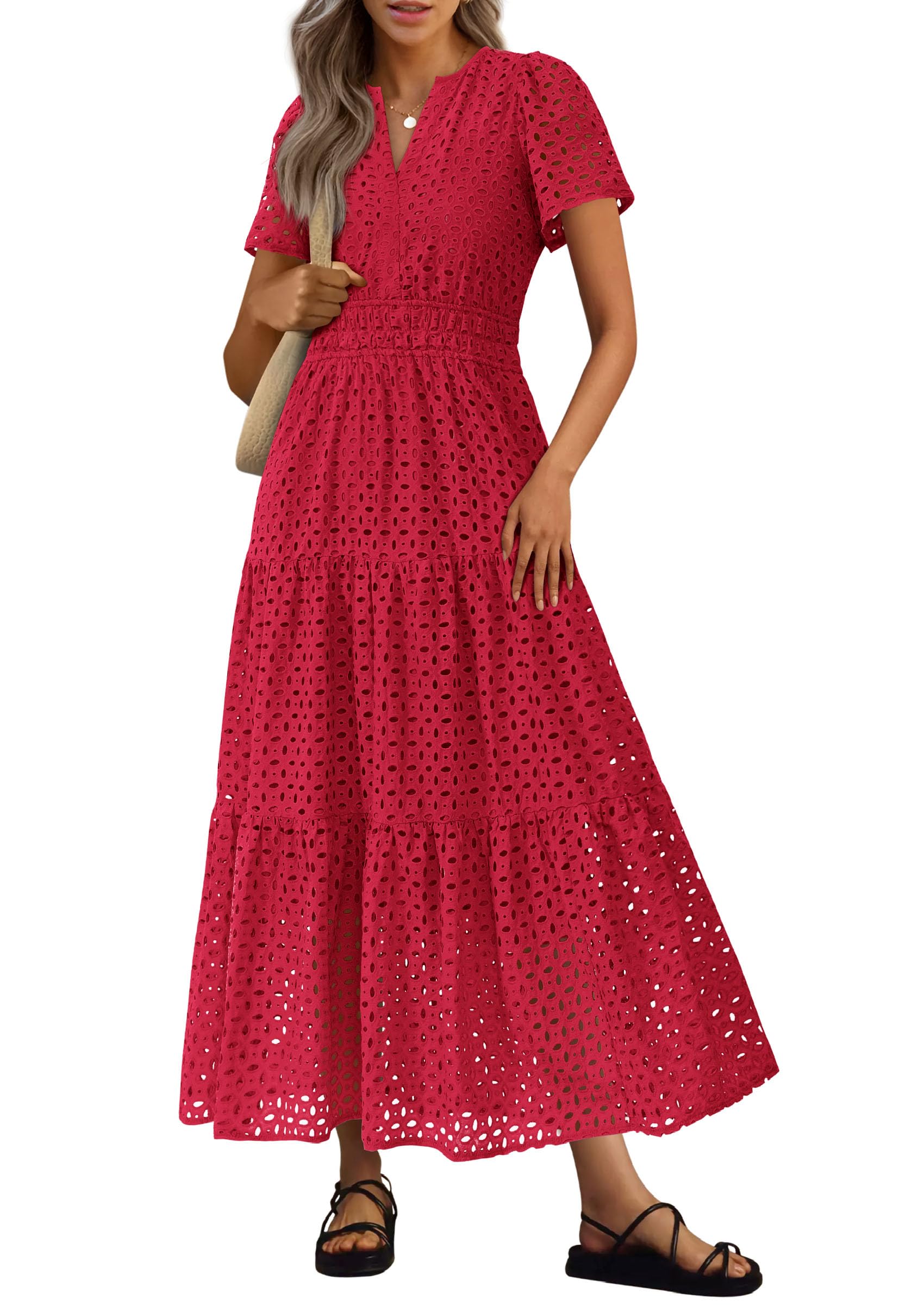 PRETTYGARDEN Womens Summer Maxi Dress Short Sleeve V Neck Hollow Out Eyelet A Line Long Flowy Beach Vacation Dresses
