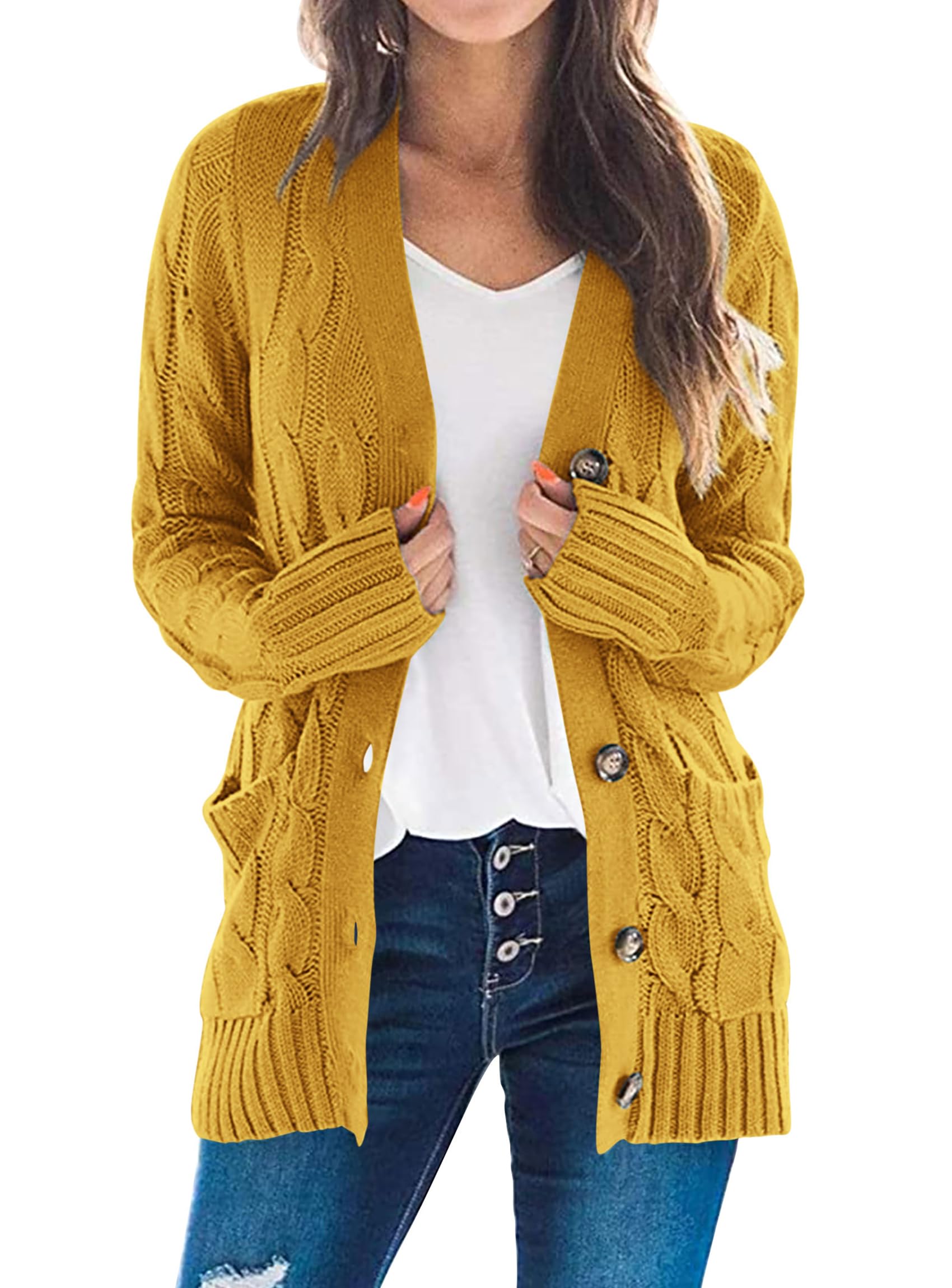 PRETTYGARDEN Women's Open Front Cardigan Sweaters Fall Fashion Button Down Cable Knit Chunky Winter Clothing Outerwear Coats