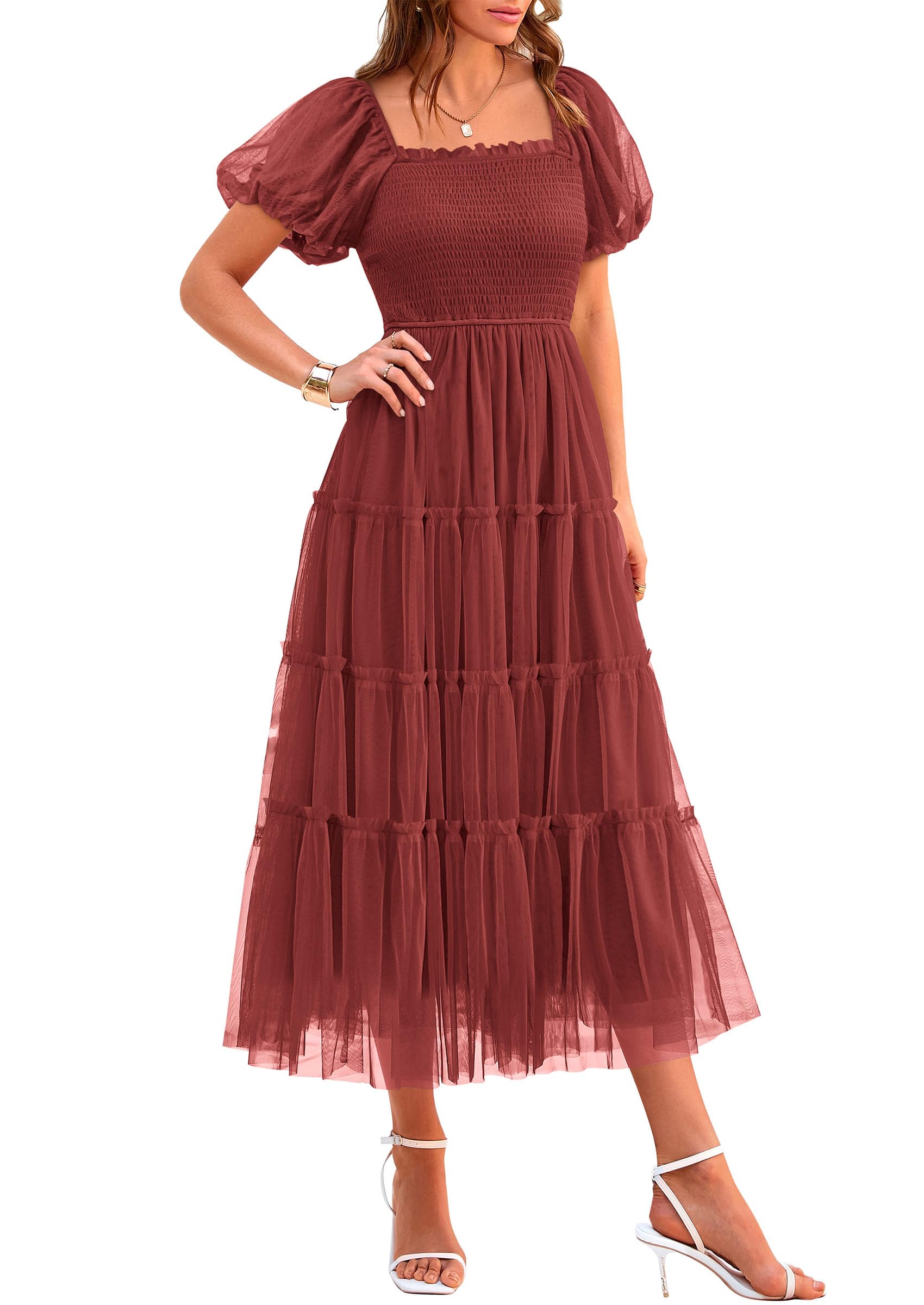 PRETTYGARDEN Women's Smocked Midi Tulle Dress  Summer Puffy Short Sleeve Square Neck Ruffle Wedding Guest Party Dresses