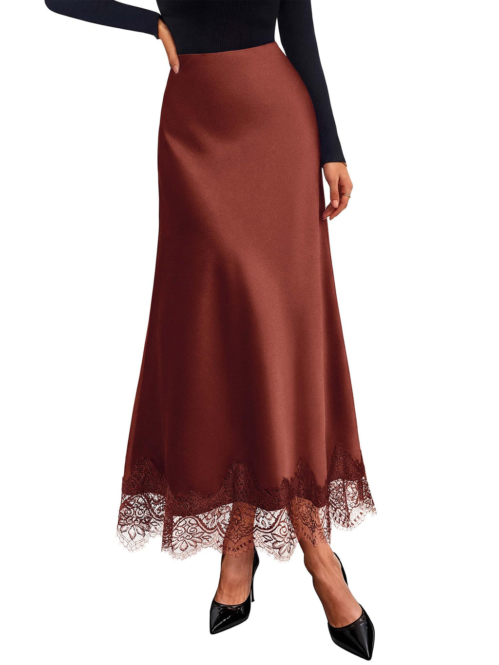 BTFBM Lace Trim Satin Skirts for Women Elegant | Lightweight, High Waist, A-Line, Flowy Maxi Skirt, Wedding, Cocktail, Graduation, Holiday Outfits, Fall Fashion Clothing