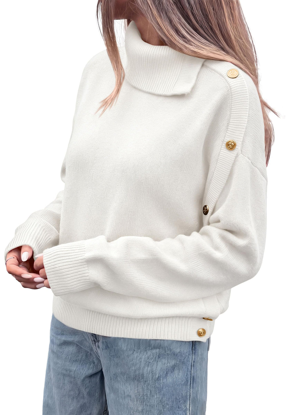 PRETTYGARDEN Womens Turtleneck Sweater Pullover Side Button Fall Clothes Stretchy Knit,Dropped Shoulder,Ribbed Cuffs,Asymmetrical,Jumper Long Sleeve Tops,Work Offices