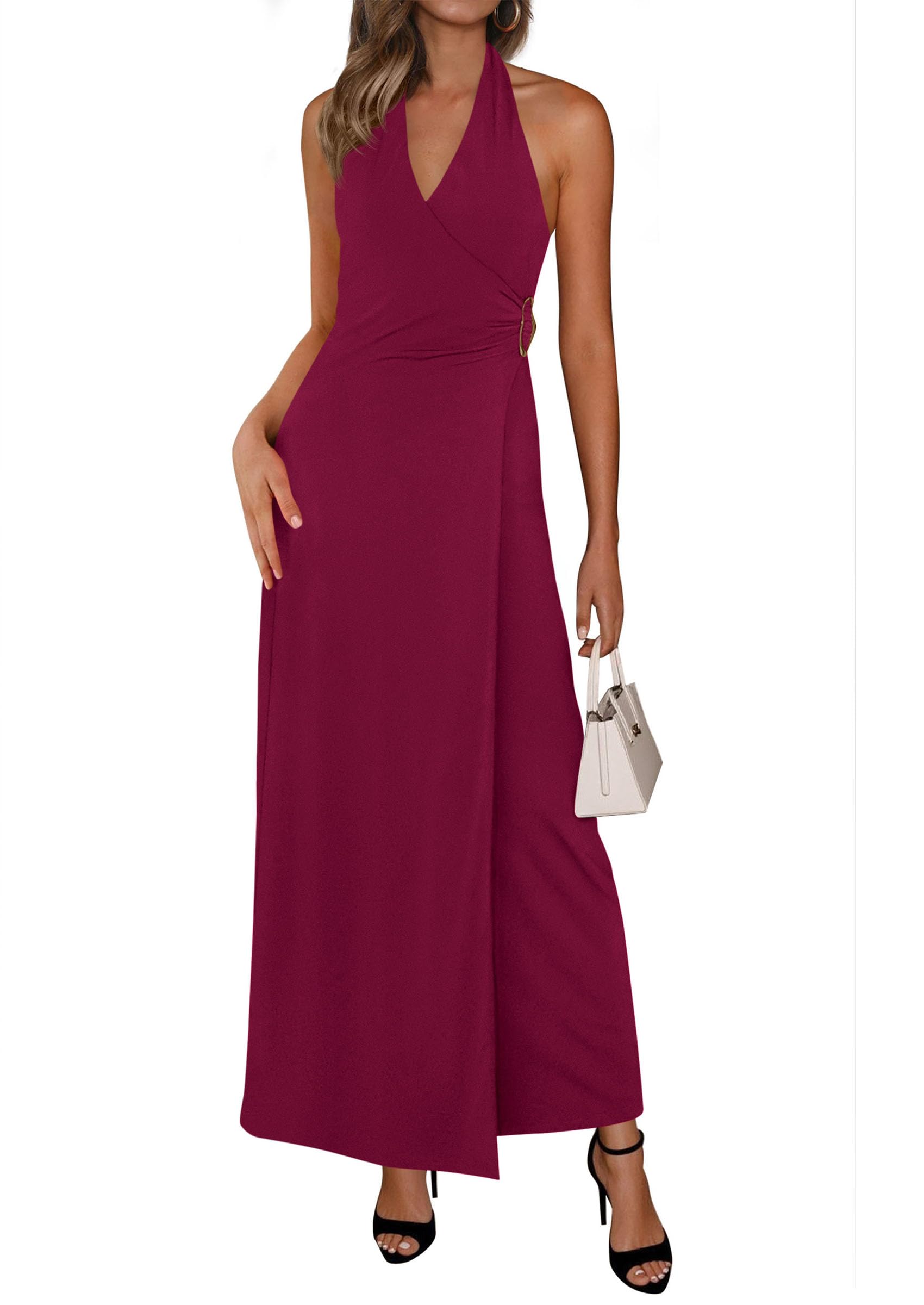 PRETTYGARDEN Holiday Cocktail Dresses for Women Summer Elegant V Neck Halter Backless Wedding Guest Party Midi Dress