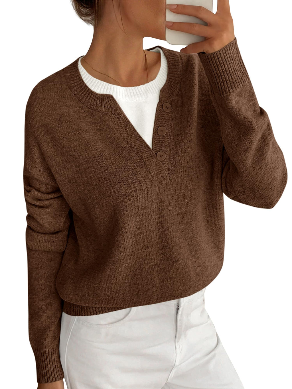 BTFBM Women Long Sleeve Crew Neck Sweaters Tops, 2 in1 Knitted Pullover, Deco Buttons, Oversized, Stretchy, Vacation, Business Casual Outfits, Fall Winter Trendy