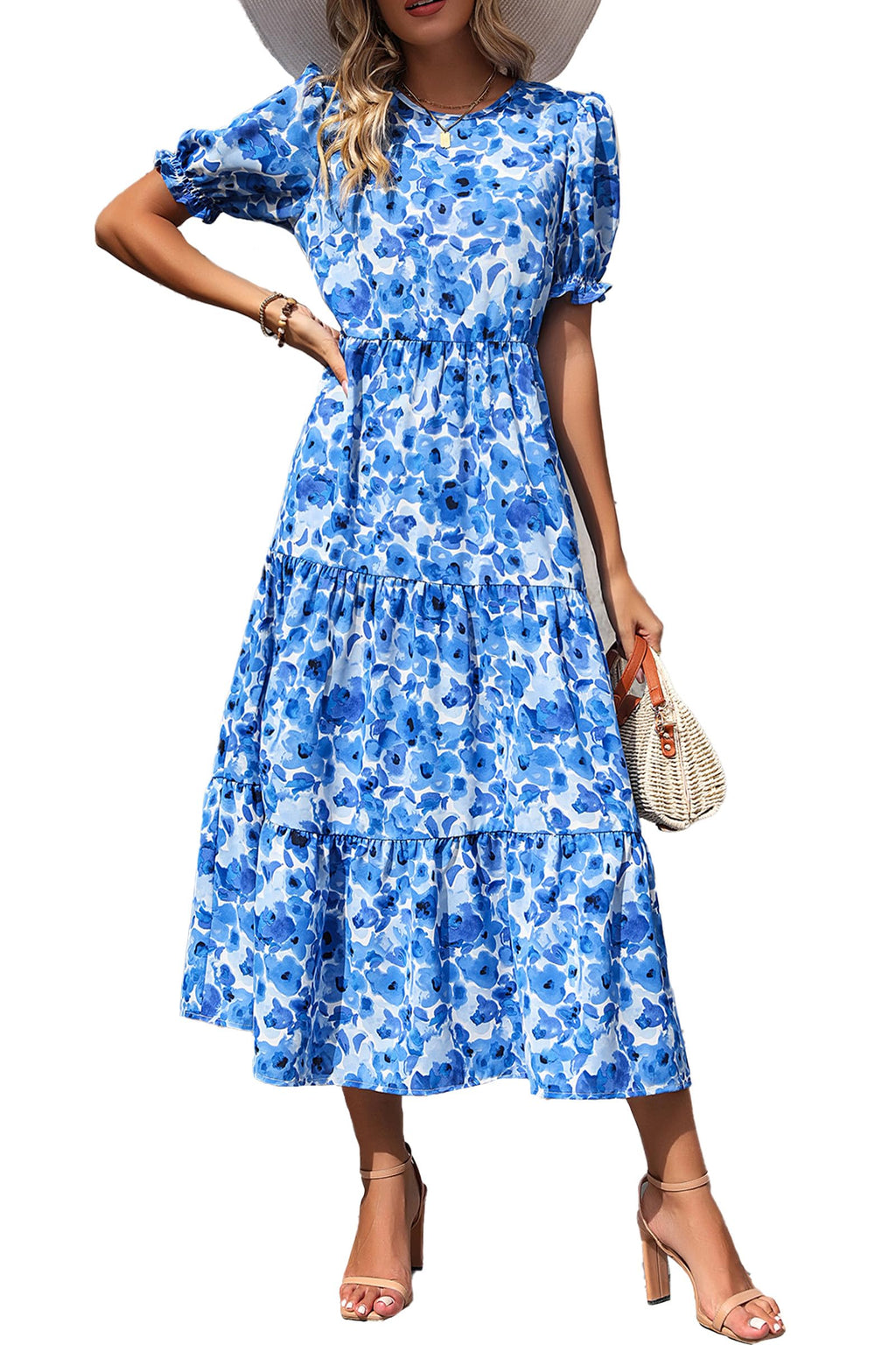 PRETTYGARDEN Summer Dresses for Women Casual Floral Boho Midi Sun Dress Puff Short Sleeve Flowy Beach Vacation Sundress