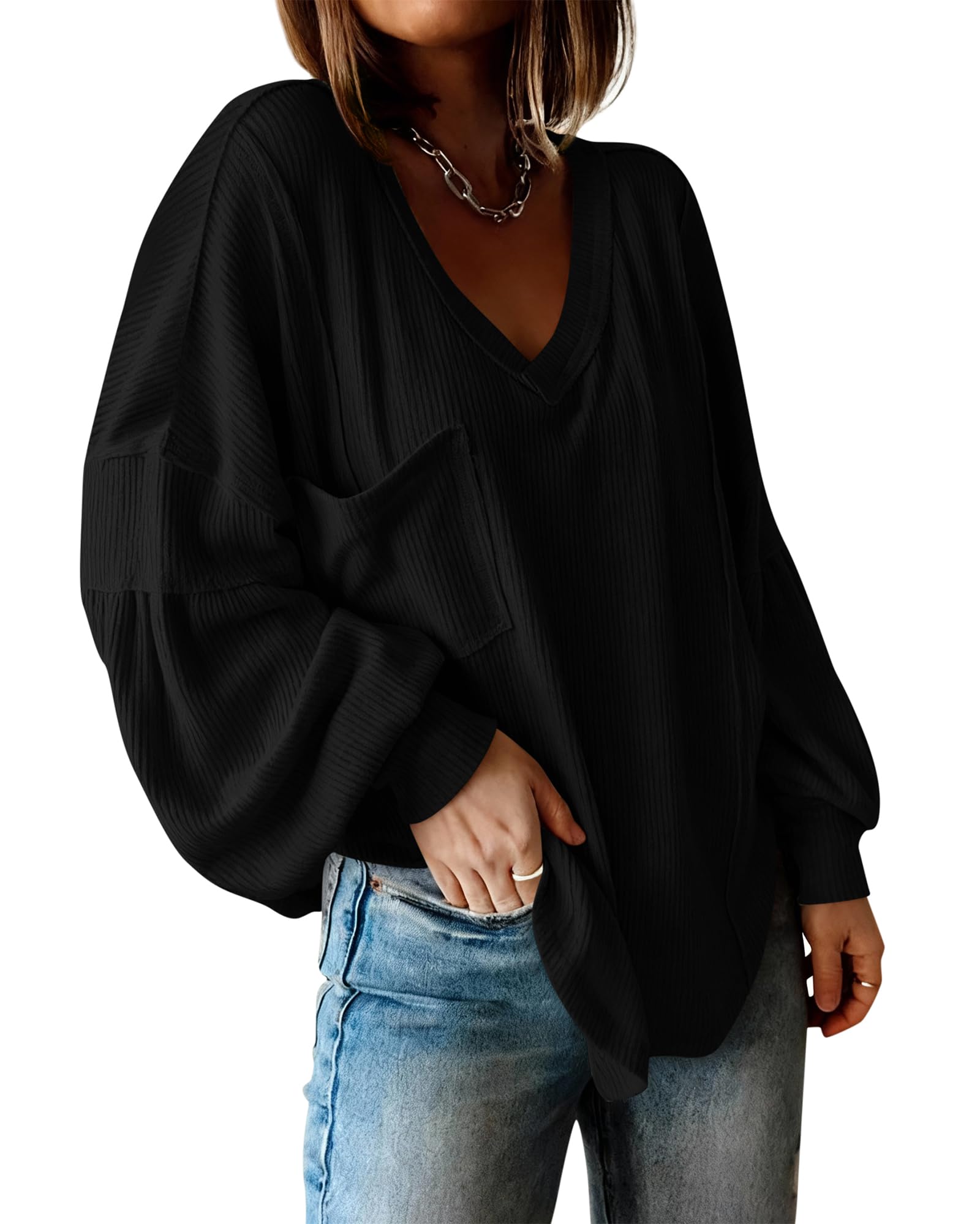 BTFBM Womens Fall Fashion Long Sleeve Shirts Casual V Neck Ribbed Knit Blouses Pullover Trendy Loose Fit Tunic Tops