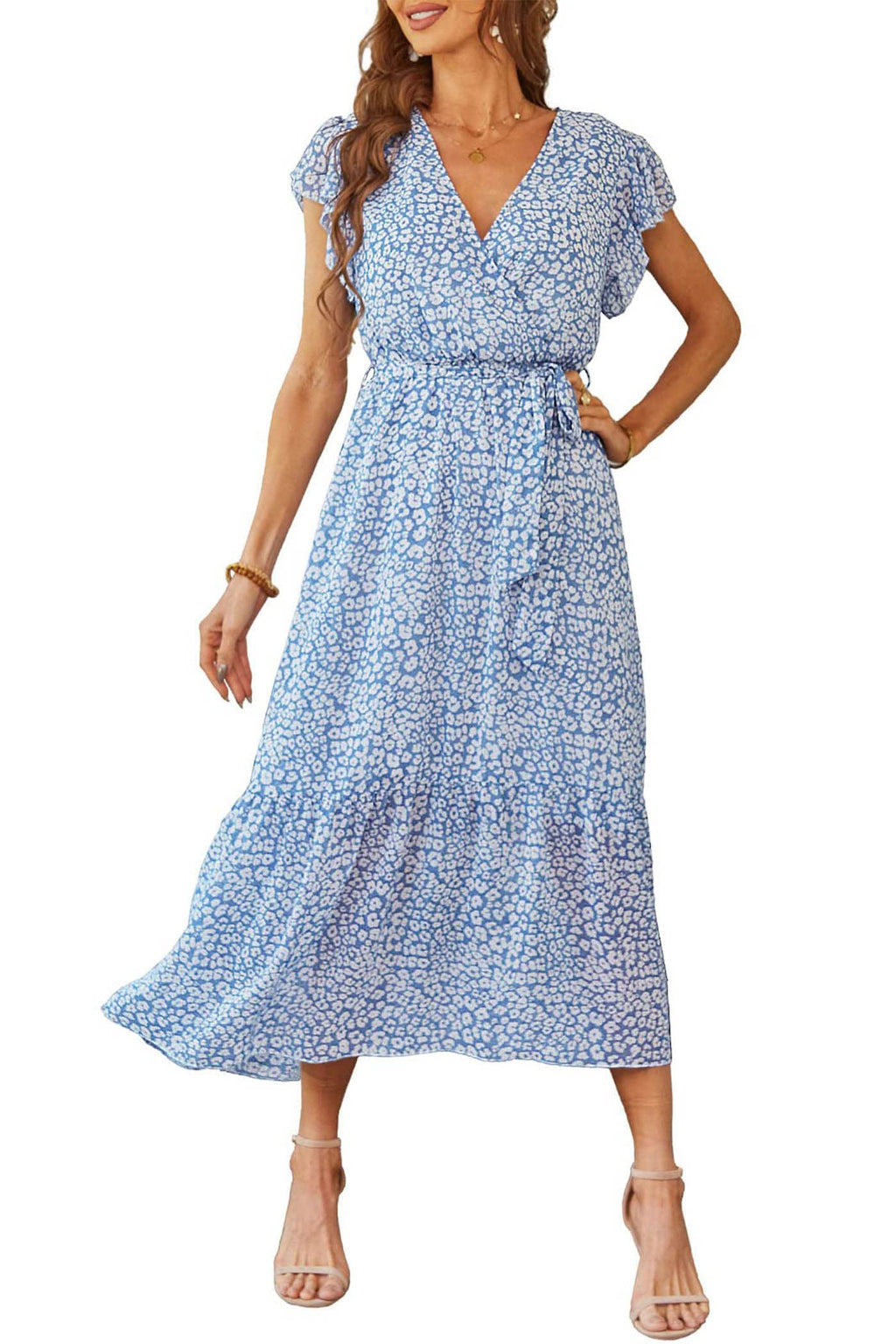 PRETTYGARDEN Women's Summer Floral Boho Maxi Dress Wrap Short Sleeve V Neck Ruffle A-Line Flowy Wedding Guest Long Dresses