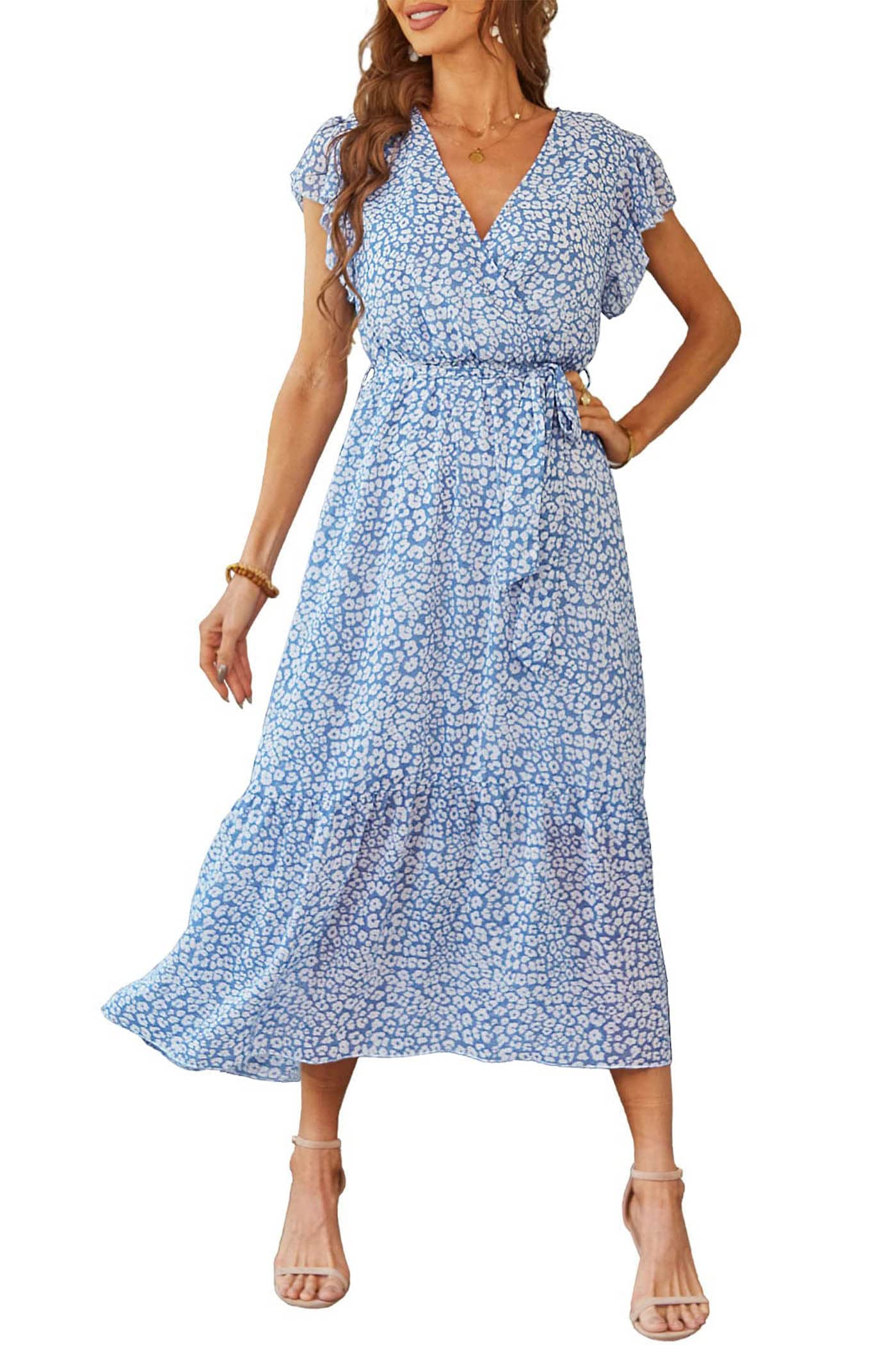 PRETTYGARDEN Women's Summer Floral Boho Maxi Dress Wrap Short Sleeve V Neck Ruffle A-Line Flowy Wedding Guest Long Dresses