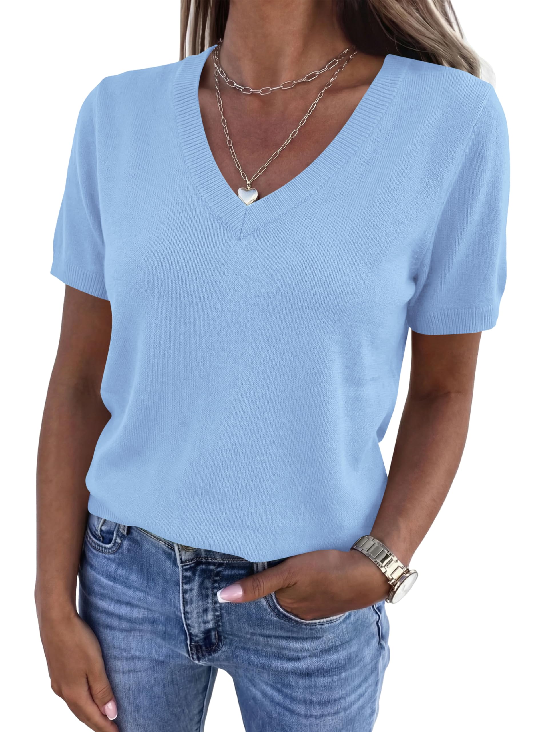 PRETTYGARDEN Womens Short Sleeve Sweater V Neck Trendy Pullover Tops Summer Spring Loose Lightweight Casual Blouse