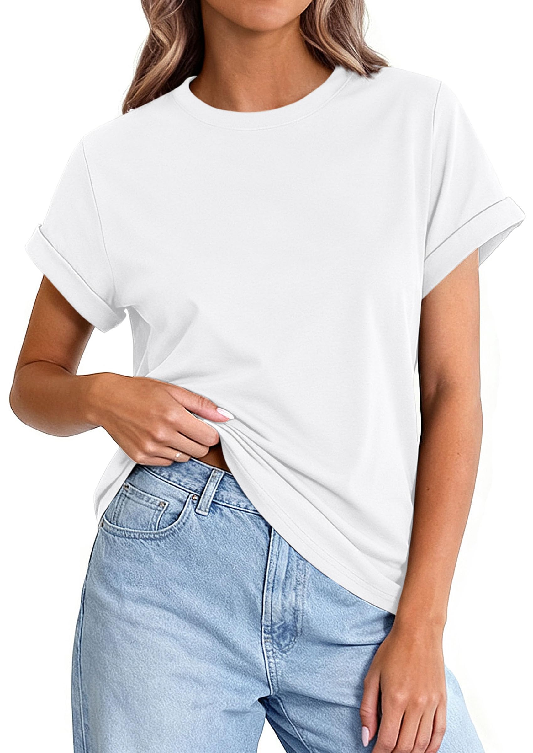 PRETTYGARDEN Womens Summer Tops Spring Casual Rolled Short Sleeve Basic Tees Crew Neck Work Shirts Fashion Clothing